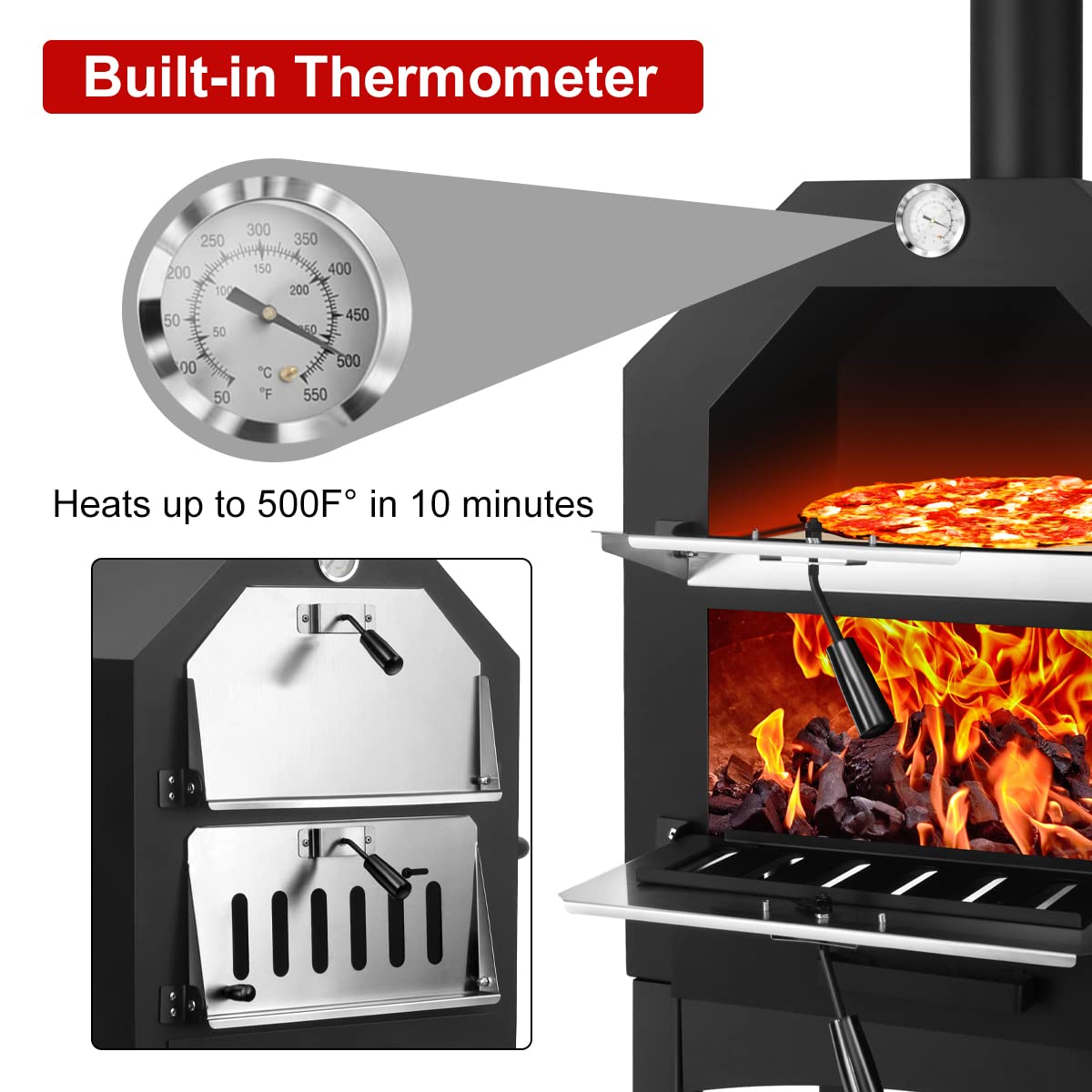 EDOSTORY Outdoor Pizza Oven, Wood Fired for Outside, Patio Maker With Stone, Peel, Grill Rack, and Waterproof Cover for Backyard Camping
