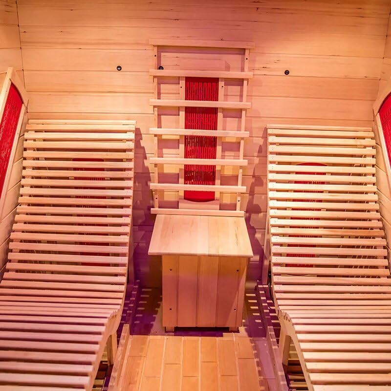 ZONEMEL Infrared 2 Person Wooden Sauna Room with Recliner, Red Cedar Luxury Indoor Sauna with 10 Heating Panels, Oxygen Bar, 3400 Watt, Full Spectrum Infrared Therapy Wood Dry Heat Sauna, 220V