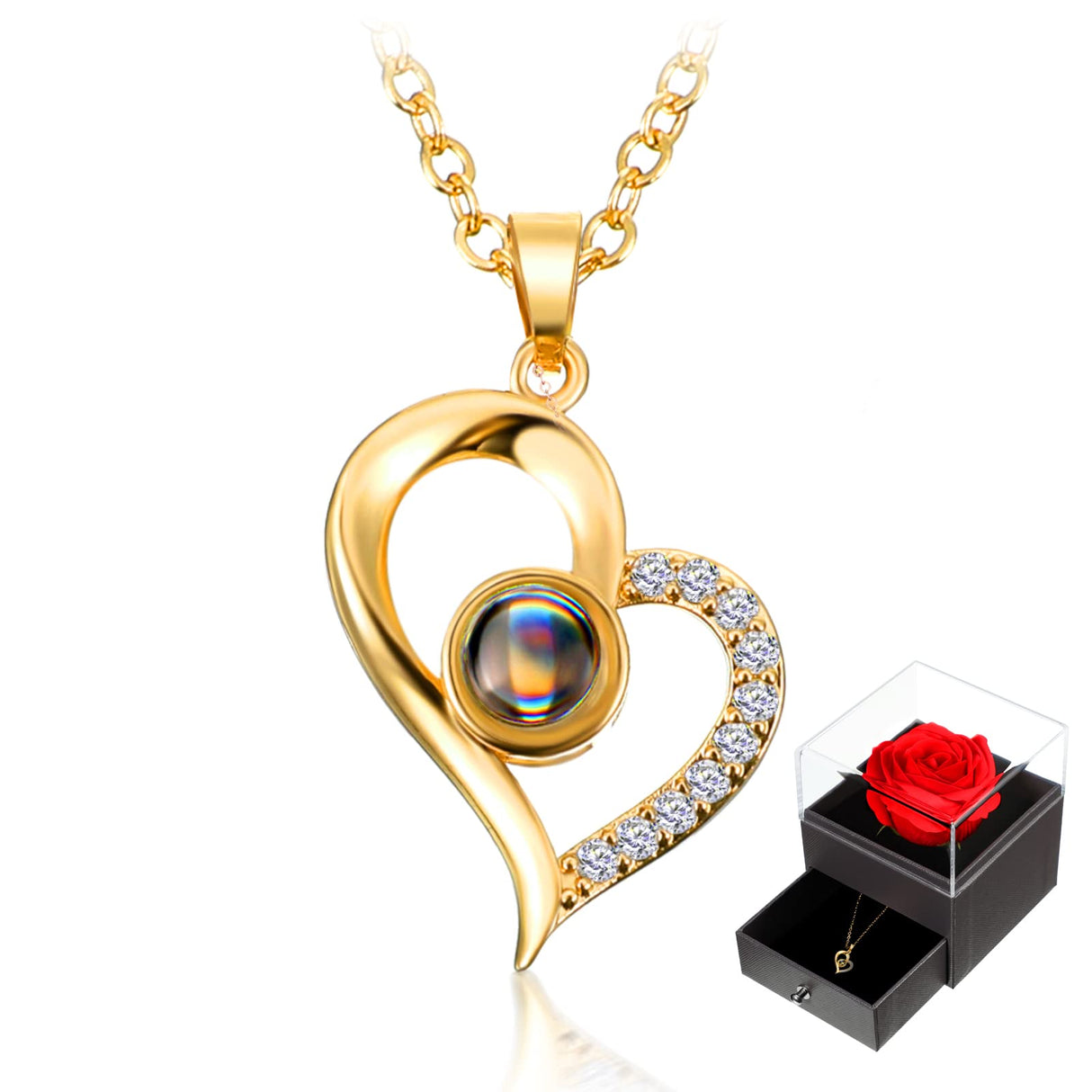 I Love You 100 Languages Projection Necklace with Rose