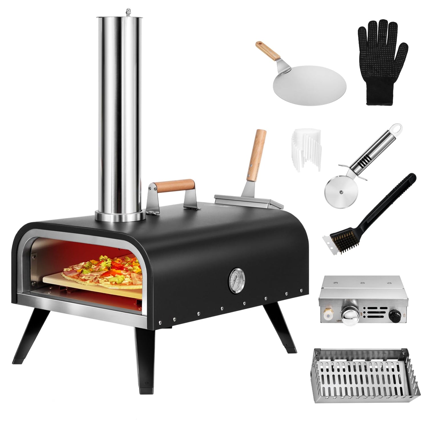 EDOSTORY Outdoor Pizza Oven, Wood Fired for Outside, Patio Maker With Stone, Peel, Grill Rack, and Waterproof Cover for Backyard Camping