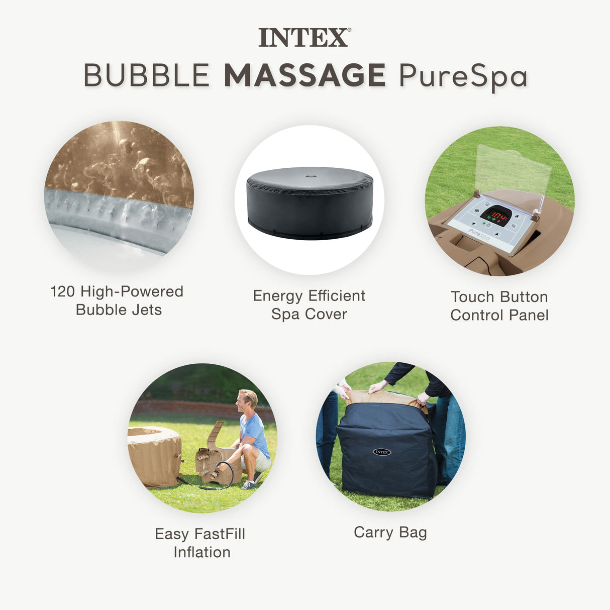 INTEX 28425EH PureSpa Bubble Massage Spa Set Outdoor Inflatable Portable Hot Tub, Includes Energy Efficient Spa Cover, Saltwater System Ready, 4 Person, 77in x 28in