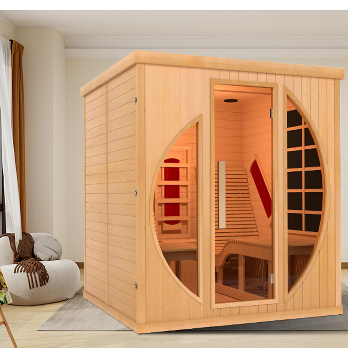 ZONEMEL Infrared 2 Person Wooden Sauna Room with Recliner, Red Cedar Luxury Indoor Sauna with 10 Heating Panels, Oxygen Bar, 3400 Watt, Full Spectrum Infrared Therapy Wood Dry Heat Sauna, 220V