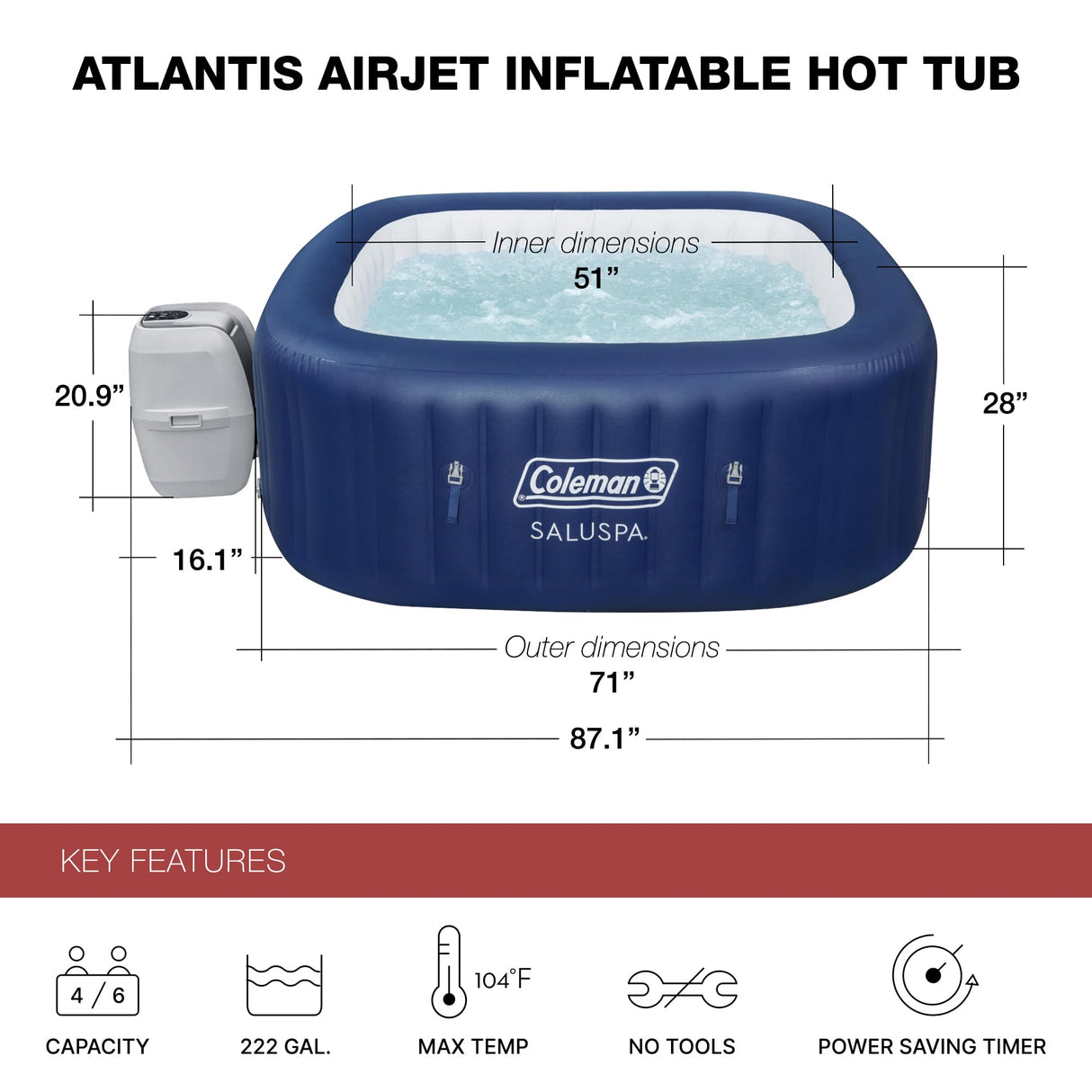 Coleman Hawaii AirJet Large Square 4 to 6 Person Inflatable Hot Tub Portable Outdoor Spa with 140 AirJets and EnergySense Cover, Grey