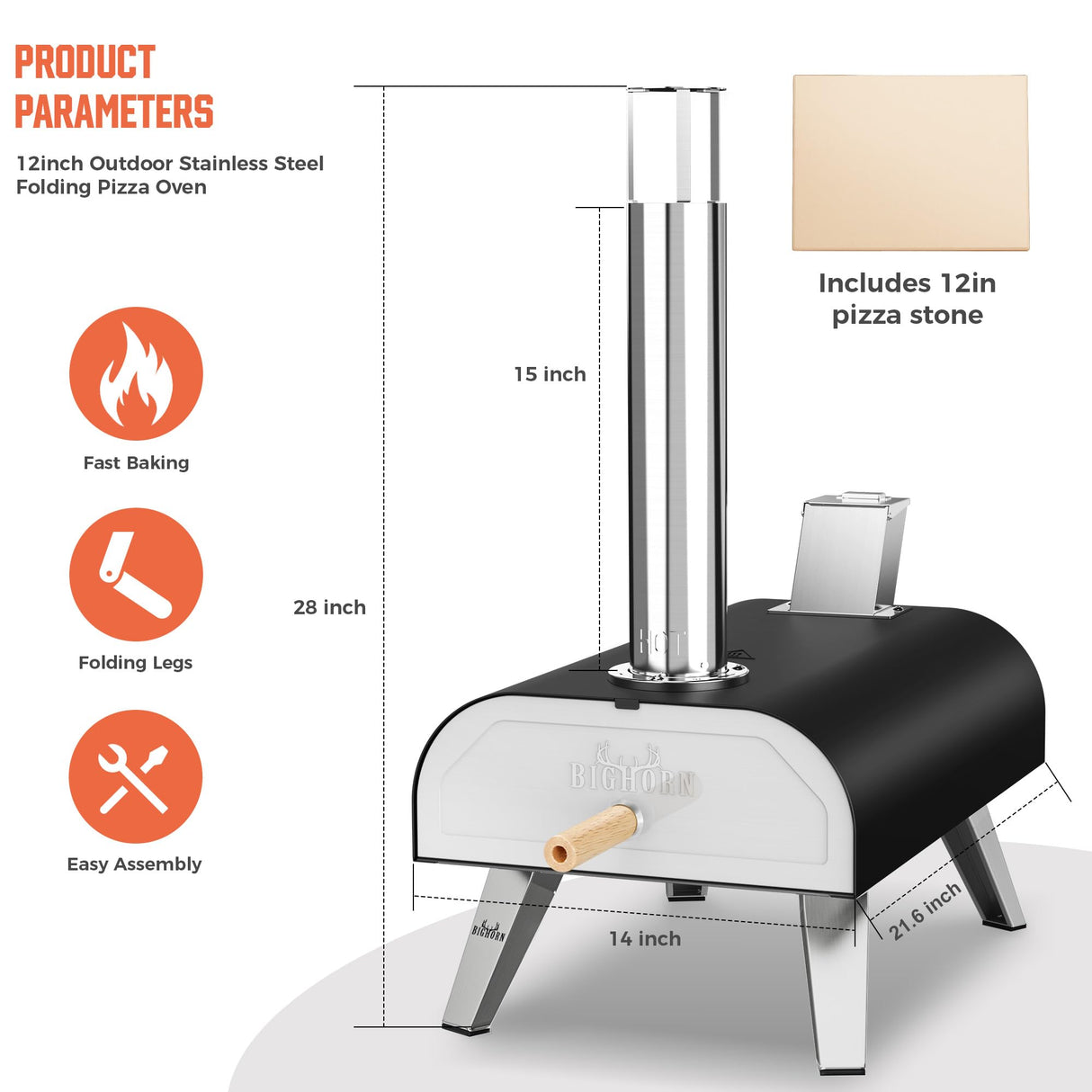 BIG HORN OUTDOORS Pizza Ovens Wood Pellet 12” Pizza Oven Cooking Pizza Maker Portable Stainless Steel Pizza Grill, Silver Portable Party use