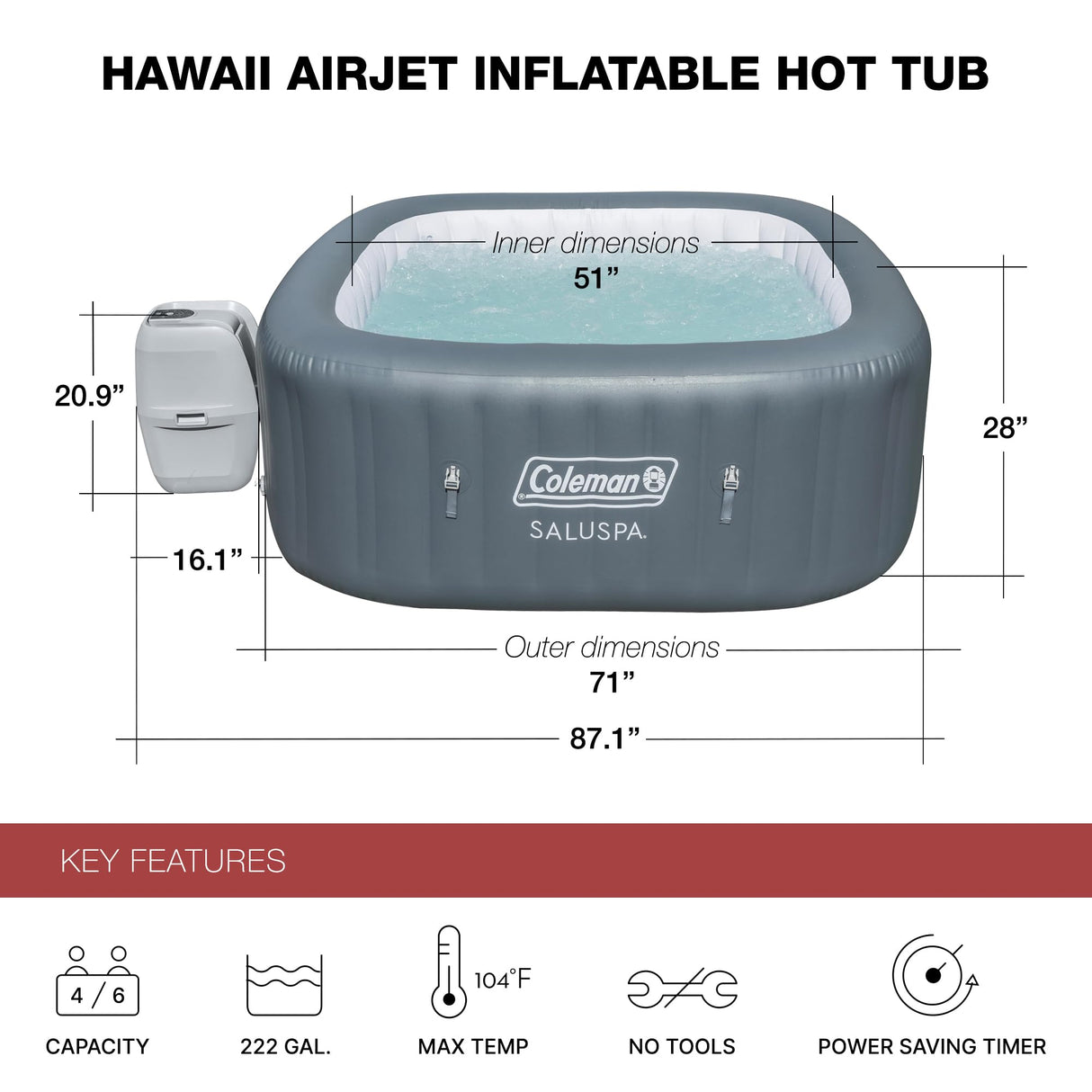 Coleman Hawaii AirJet Large Square 4 to 6 Person Inflatable Hot Tub Portable Outdoor Spa with 140 AirJets and EnergySense Cover, Grey