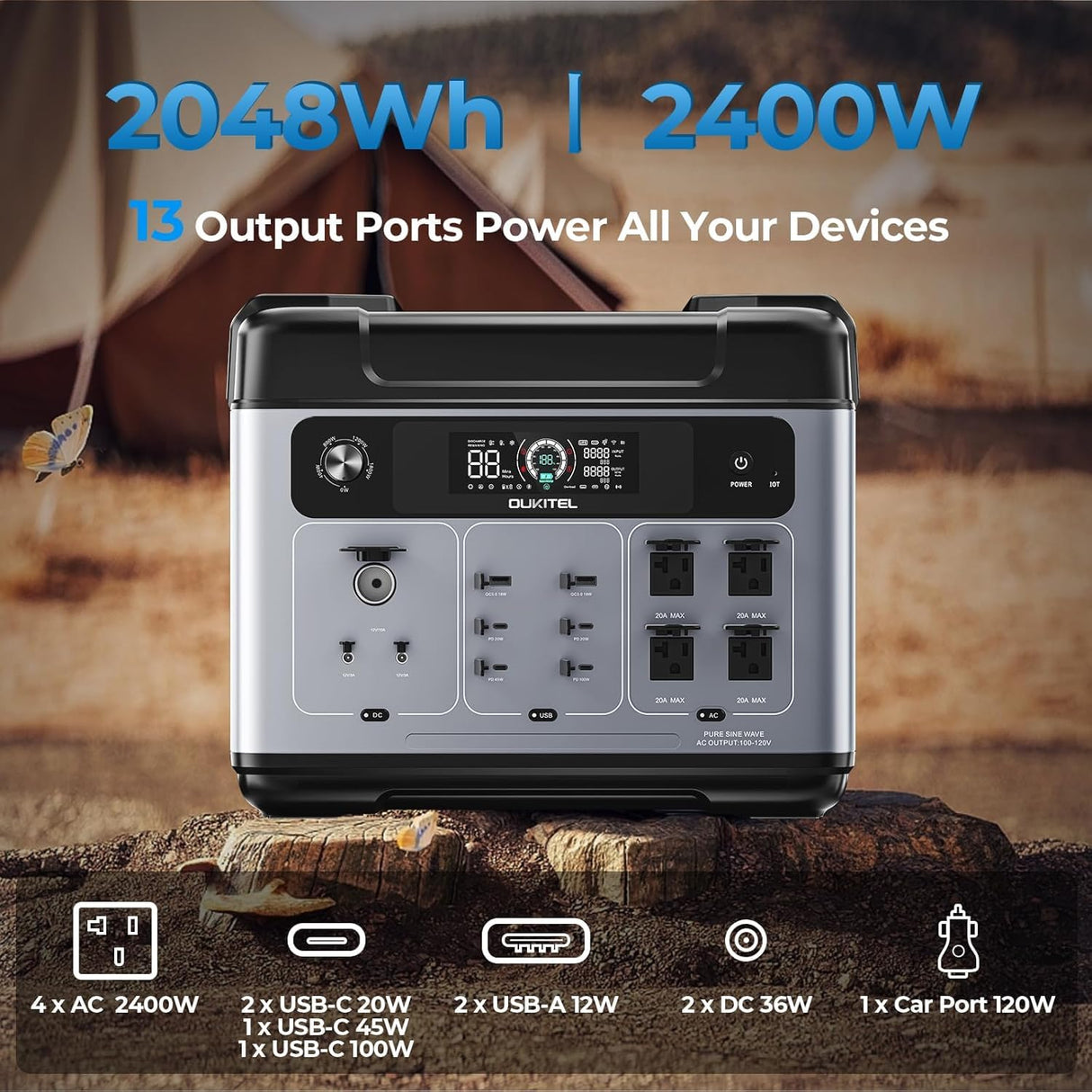 OUKITEL P2001 PLUS 2400W Portable Power Station, 2048Wh Large Capacity Solar Generator with 200W Solar Panel,LiFePO4 (LFP) Battery, AC/DC BMS Emergency Power Station for Home Backup, Camping