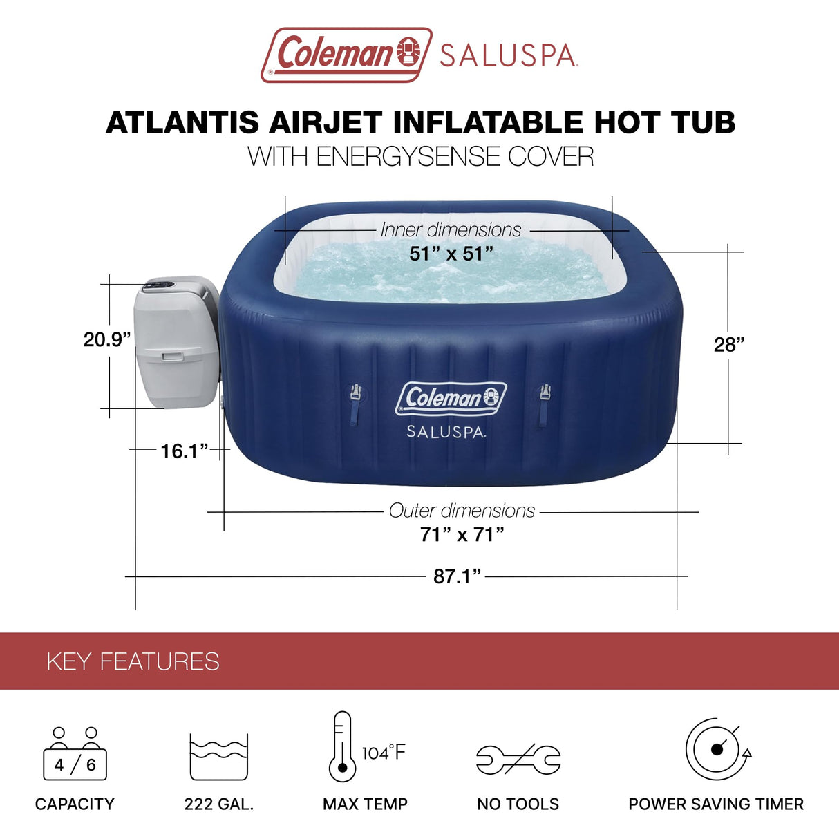 Coleman Hawaii AirJet Large Square 4 to 6 Person Inflatable Hot Tub Portable Outdoor Spa with 140 AirJets and EnergySense Cover, Grey