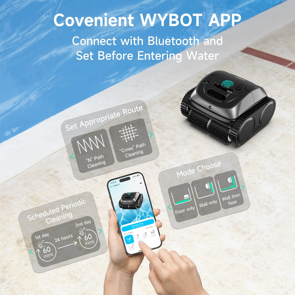 (2025 Upgrade) WYBOT OS7010C - C1 Pool Robot Vacuum, 4-in-1 Cordless Pool Cleaner 150min up to 1,614 Sq,ft, Smart APP Support, Auto Wall & Waterline Cleaning, WiFi & Bluetooth Connect