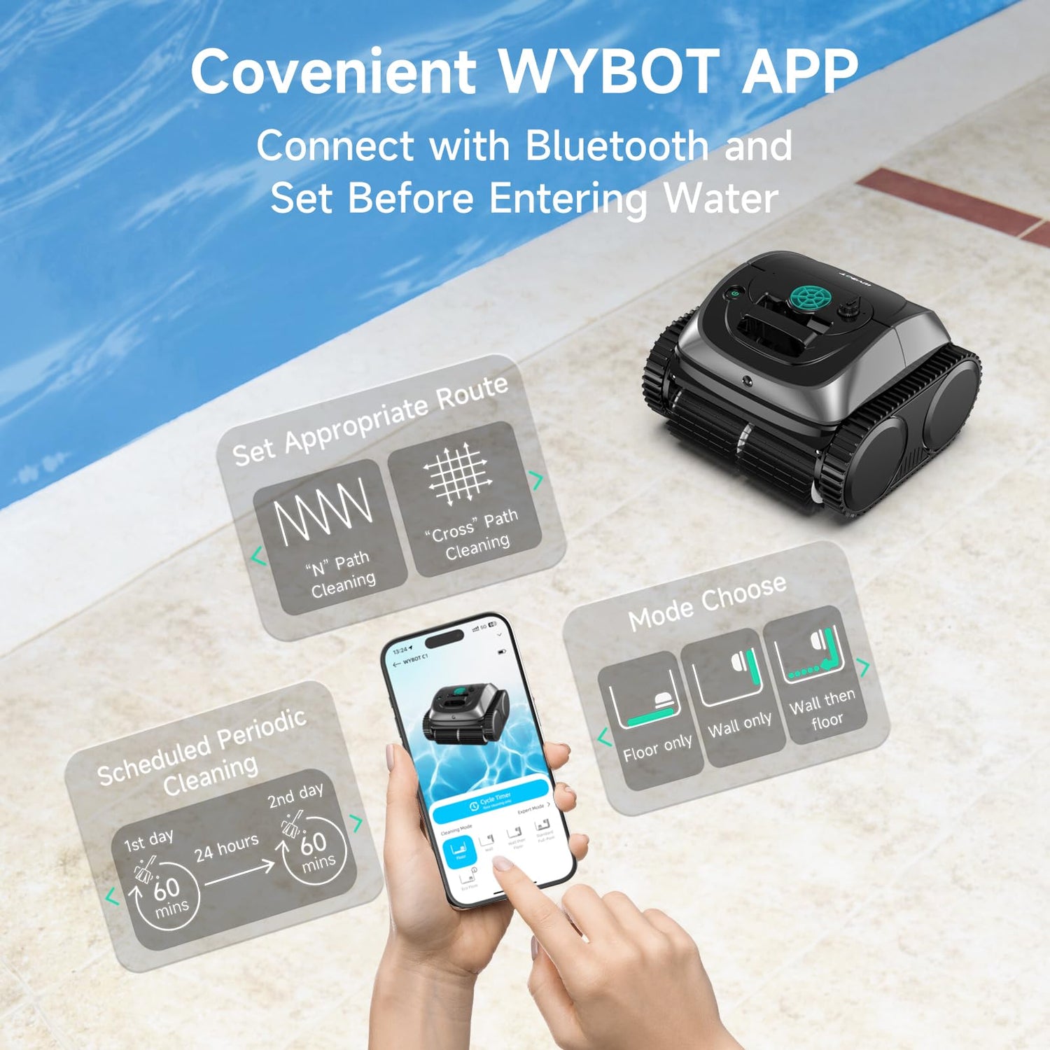 (2025 Upgrade) WYBOT OS7010C - C1 Pool Robot Vacuum, 4-in-1 Cordless Pool Cleaner 150min up to 1,614 Sq,ft, Smart APP Support, Auto Wall & Waterline Cleaning, WiFi & Bluetooth Connect