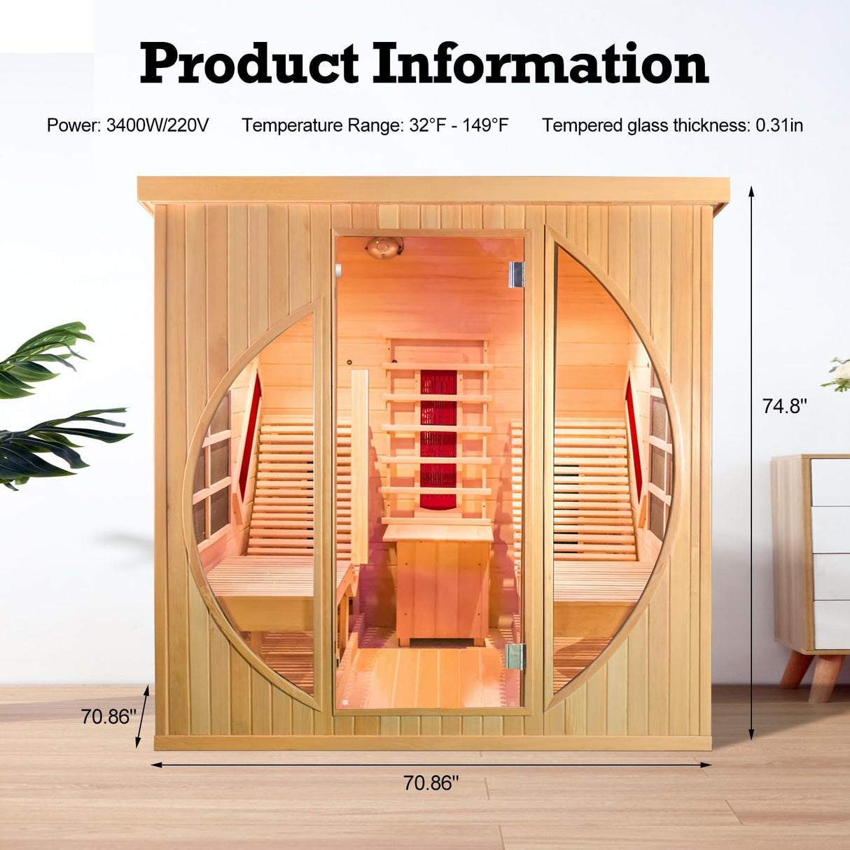 ZONEMEL Infrared 2 Person Wooden Sauna Room with Recliner, Red Cedar Luxury Indoor Sauna with 10 Heating Panels, Oxygen Bar, 3400 Watt, Full Spectrum Infrared Therapy Wood Dry Heat Sauna, 220V