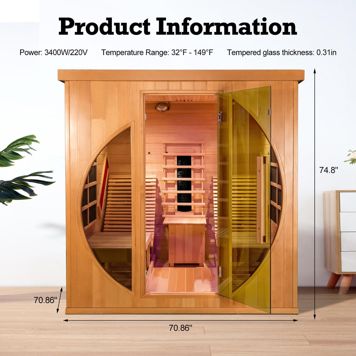 ZONEMEL Infrared 2 Person Wooden Sauna Room with Recliner, Red Cedar Luxury Indoor Sauna with 10 Heating Panels, Oxygen Bar, 3400 Watt, Full Spectrum Infrared Therapy Wood Dry Heat Sauna, 220V