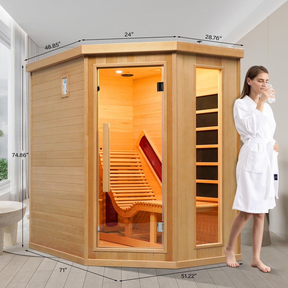 ZONEMEL Infrared 2 Person Wooden Sauna Room with Recliner, Red Cedar Luxury Indoor Sauna with 10 Heating Panels, Oxygen Bar, 3400 Watt, Full Spectrum Infrared Therapy Wood Dry Heat Sauna, 220V