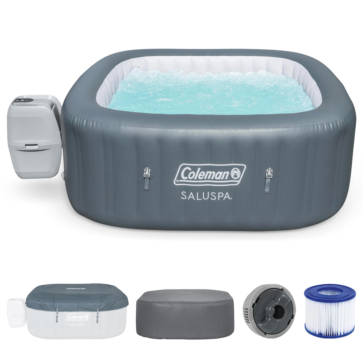 Coleman Hawaii AirJet Large Square 4 to 6 Person Inflatable Hot Tub Portable Outdoor Spa with 140 AirJets and EnergySense Cover, Grey