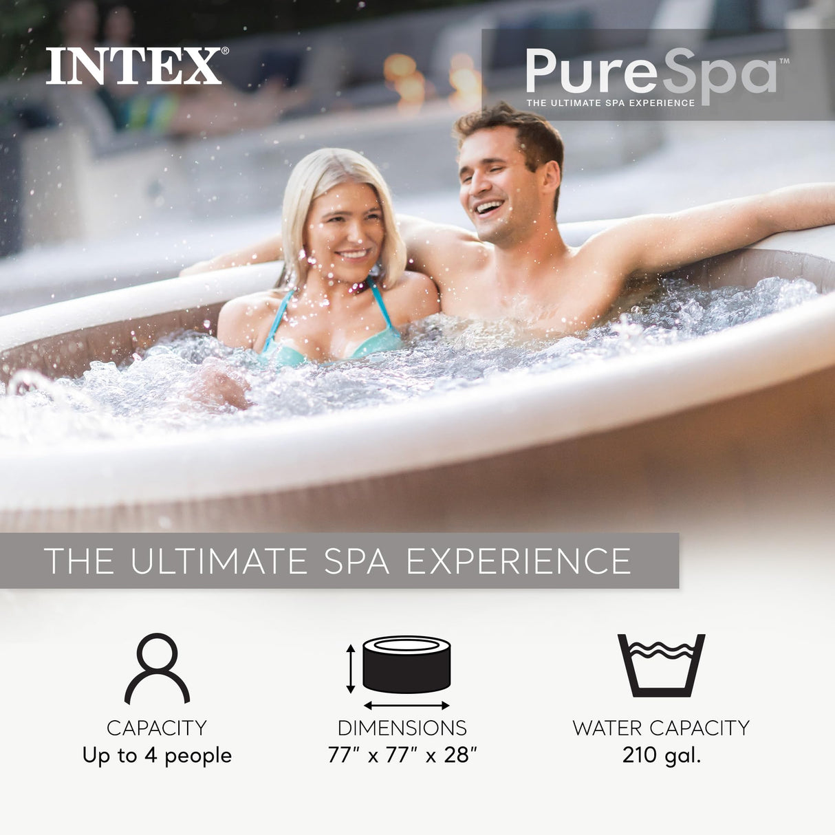 INTEX 28425EH PureSpa Bubble Massage Spa Set Outdoor Inflatable Portable Hot Tub, Includes Energy Efficient Spa Cover, Saltwater System Ready, 4 Person, 77in x 28in