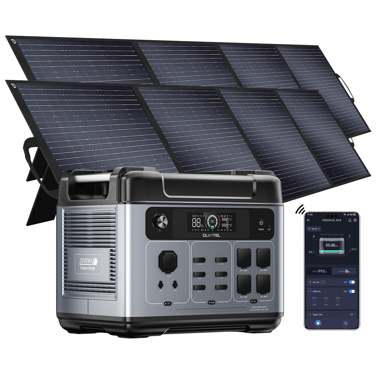 OUKITEL P2001 PLUS 2400W Portable Power Station, 2048Wh Large Capacity Solar Generator with 200W Solar Panel,LiFePO4 (LFP) Battery, AC/DC BMS Emergency Power Station for Home Backup, Camping
