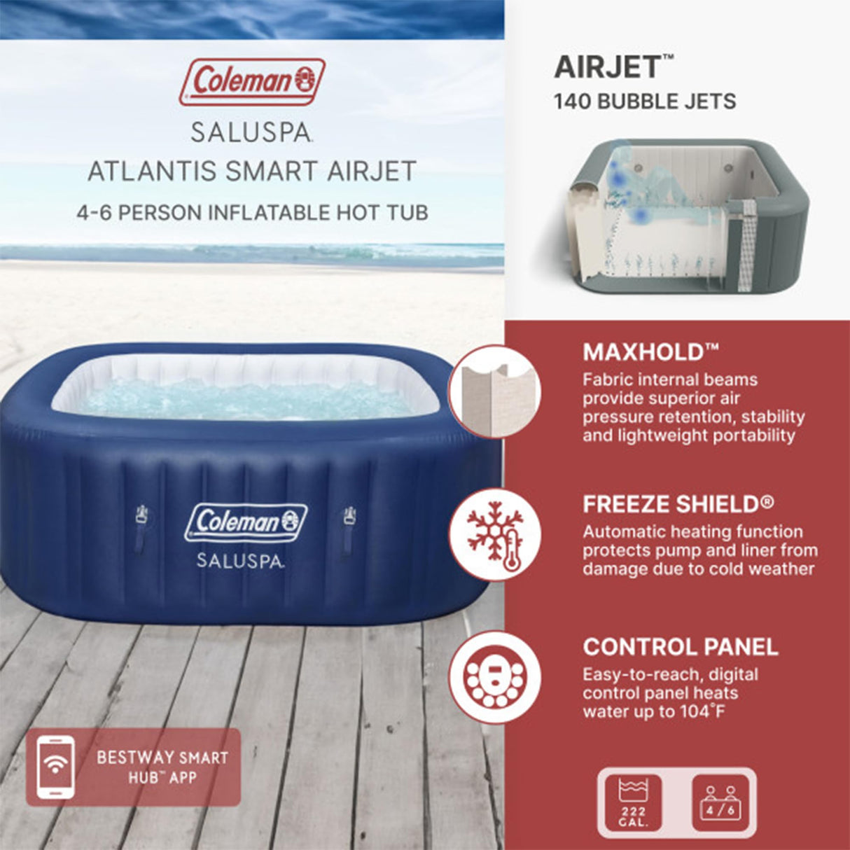 Coleman Hawaii AirJet Large Square 4 to 6 Person Inflatable Hot Tub Portable Outdoor Spa with 140 AirJets and EnergySense Cover, Grey