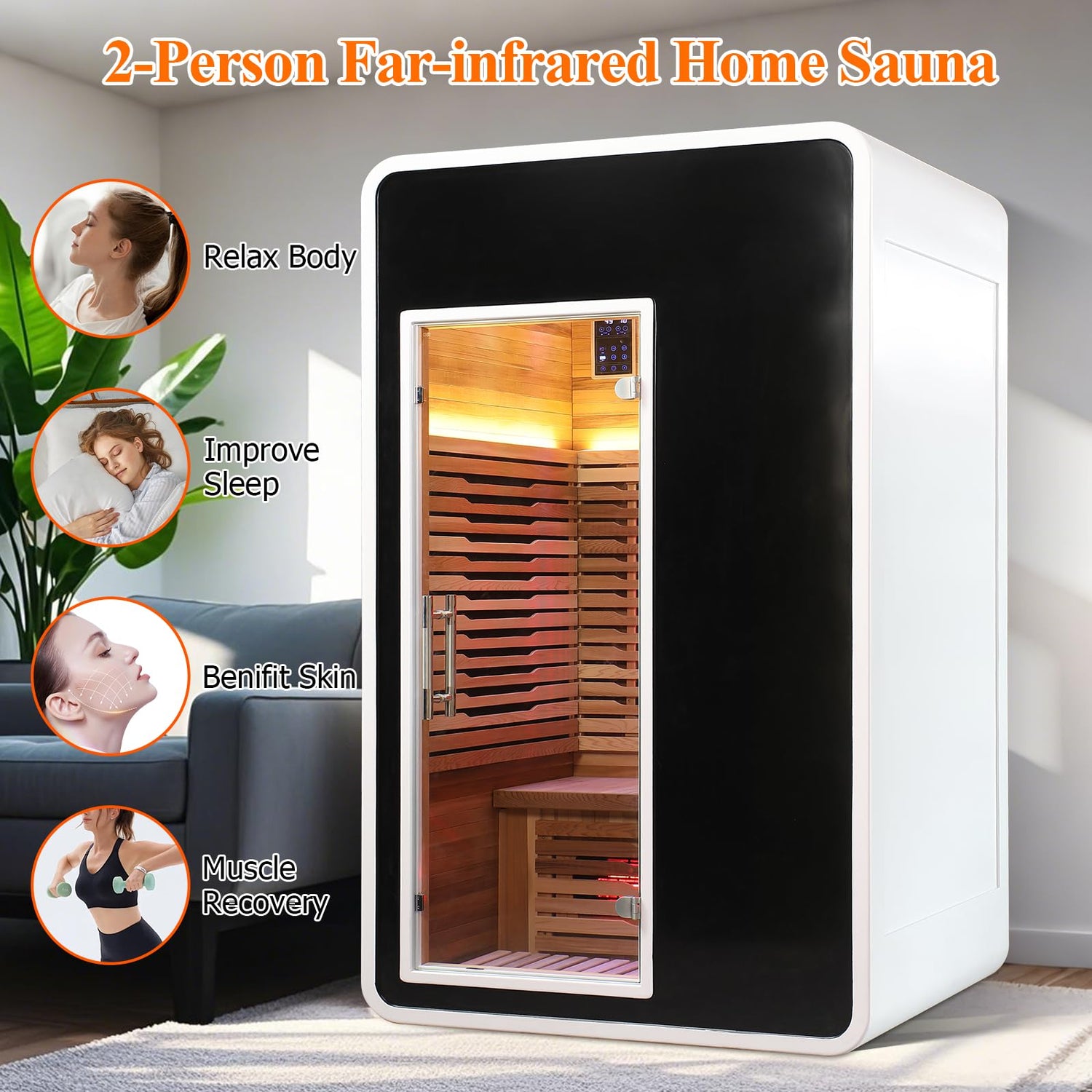 2 Person Infrared Sauna for Home,Canadian Cedar Outdoor Wooden Dry Sauna with Rapid Heating Tubes&Carbon Plate,LCD Control Panel and Tempered Glass Door (2-Person)
