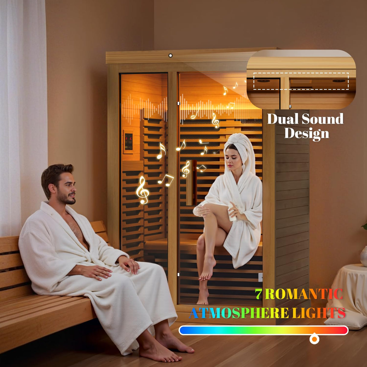 Far Infrared Wooden Sauna Low EMF- 2 Person Personal Sauna for Home Use, Full Spectrum Infrared Sauna, Dual Tempered Glass & Bluetooth Speakers - Indoor Sauna 2000W, Wood Color