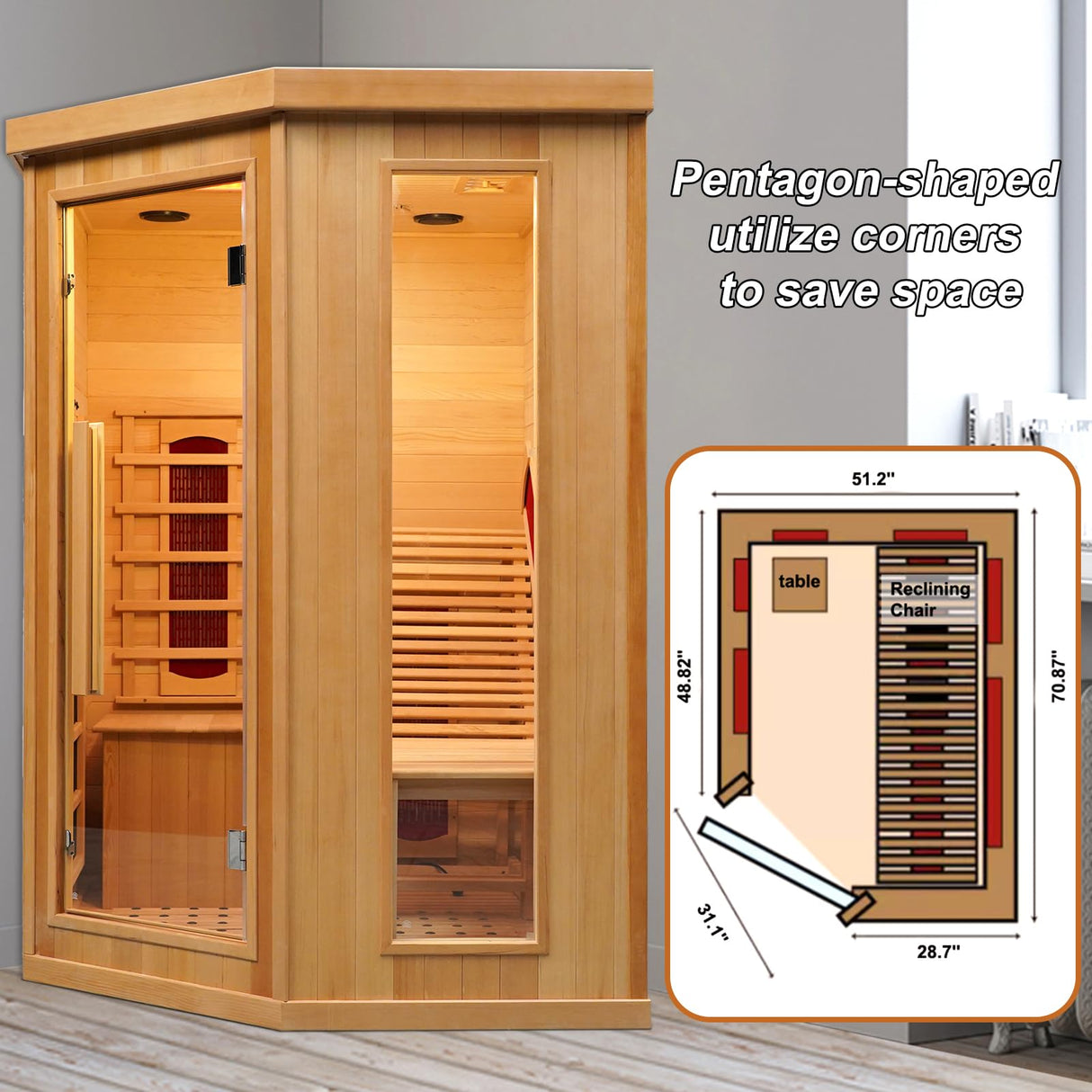 ZONEMEL Infrared 2 Person Wooden Sauna Room with Recliner, Red Cedar Luxury Indoor Sauna with 10 Heating Panels, Oxygen Bar, 3400 Watt, Full Spectrum Infrared Therapy Wood Dry Heat Sauna, 220V
