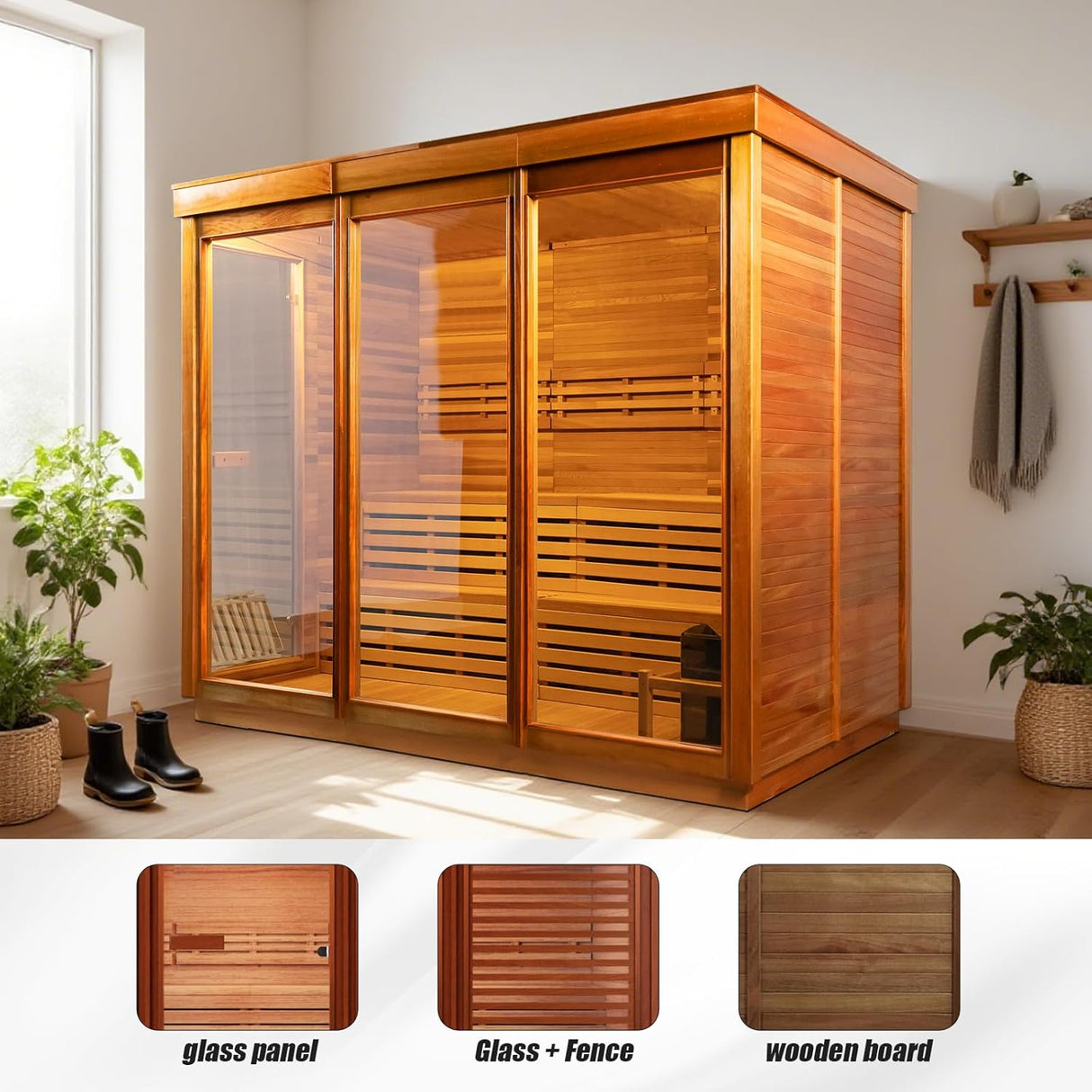 Customize 4-8 Person Outdoor Sauna,DIY Canadian Cedar Traditional Steam Cube Sauna Kit with 220V HARVIA Stove or Wood-Burning Stove