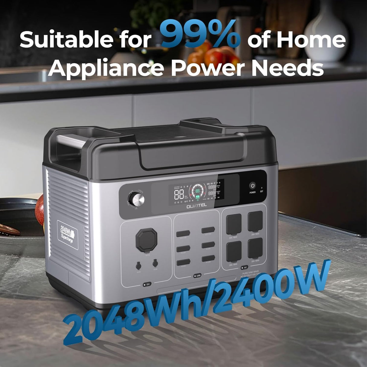 OUKITEL P2001 PLUS 2400W Portable Power Station, 2048Wh Large Capacity Solar Generator with 200W Solar Panel,LiFePO4 (LFP) Battery, AC/DC BMS Emergency Power Station for Home Backup, Camping