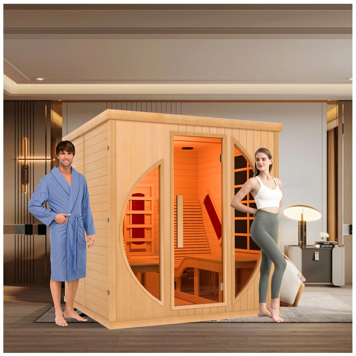 ZONEMEL Infrared 2 Person Wooden Sauna Room with Recliner, Red Cedar Luxury Indoor Sauna with 10 Heating Panels, Oxygen Bar, 3400 Watt, Full Spectrum Infrared Therapy Wood Dry Heat Sauna, 220V