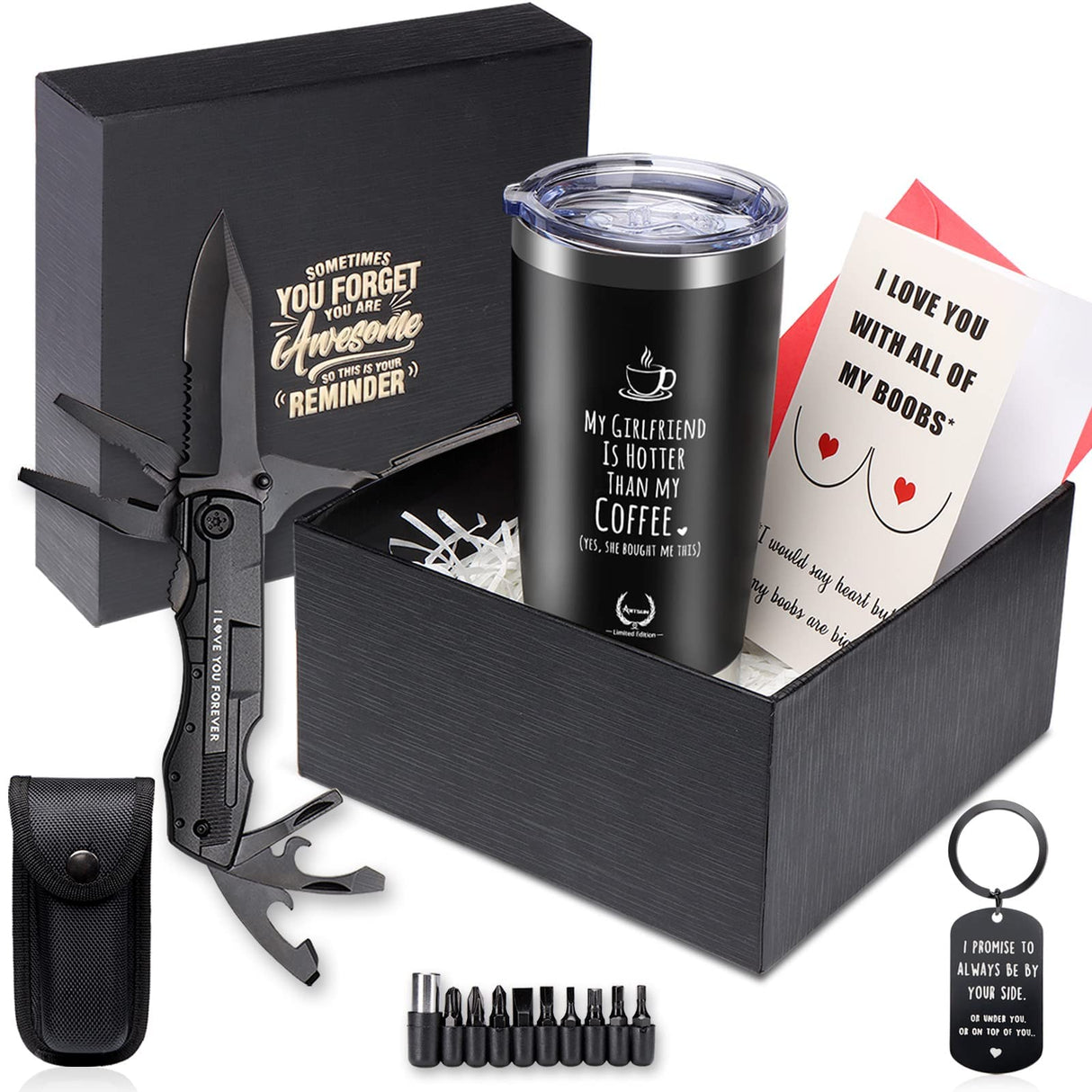 Gifts for Men - 6-in-1 Gift Set with Stainless Steel Tumbler,Multi-Tool Knife,LED Gloves & Tool Pen Keepsake Box | Last Minute Birthday, Father's Day Anniversary Box Gifts for Dad,Husband