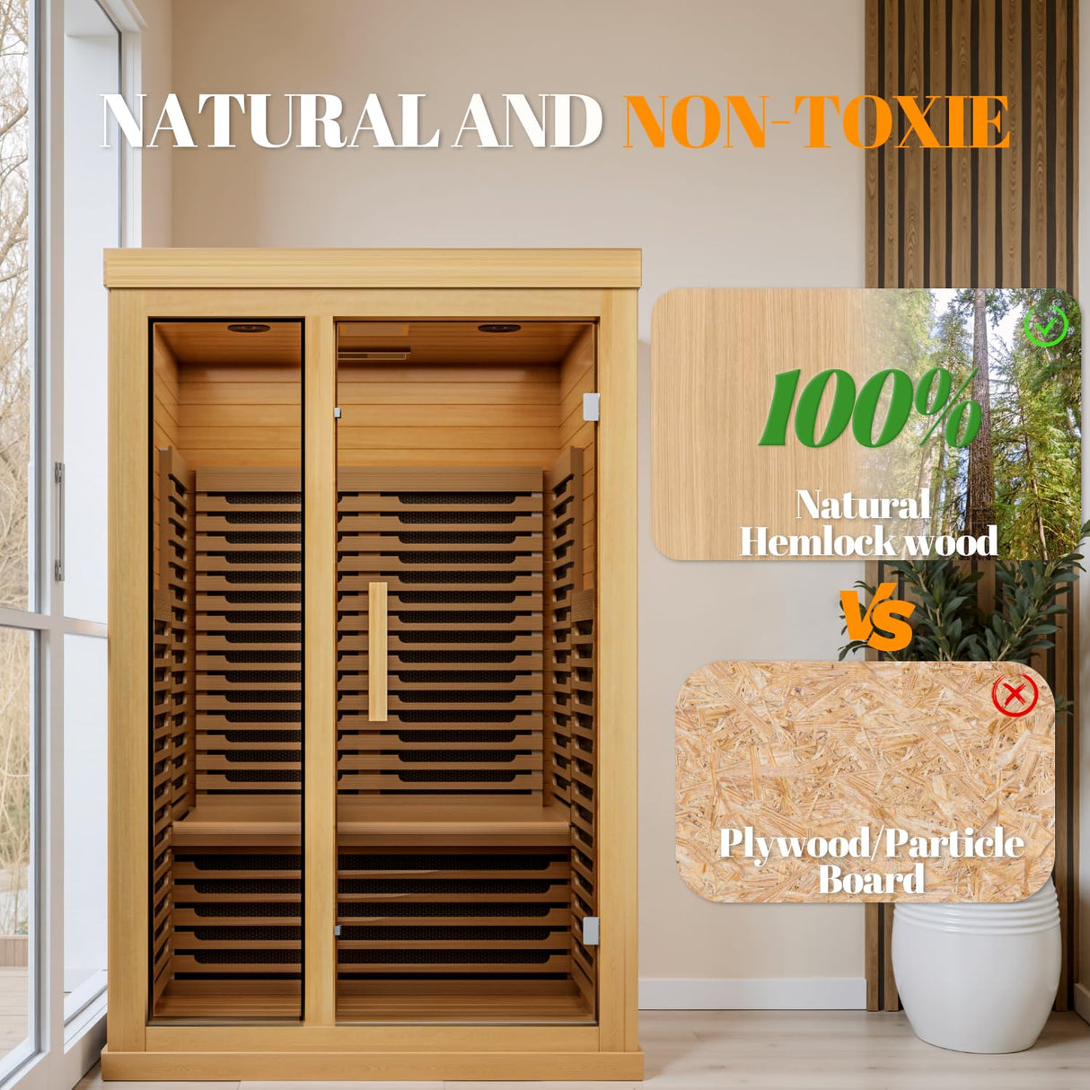 Far Infrared Wooden Sauna Low EMF- 2 Person Personal Sauna for Home Use, Full Spectrum Infrared Sauna, Dual Tempered Glass & Bluetooth Speakers - Indoor Sauna 2000W, Wood Color