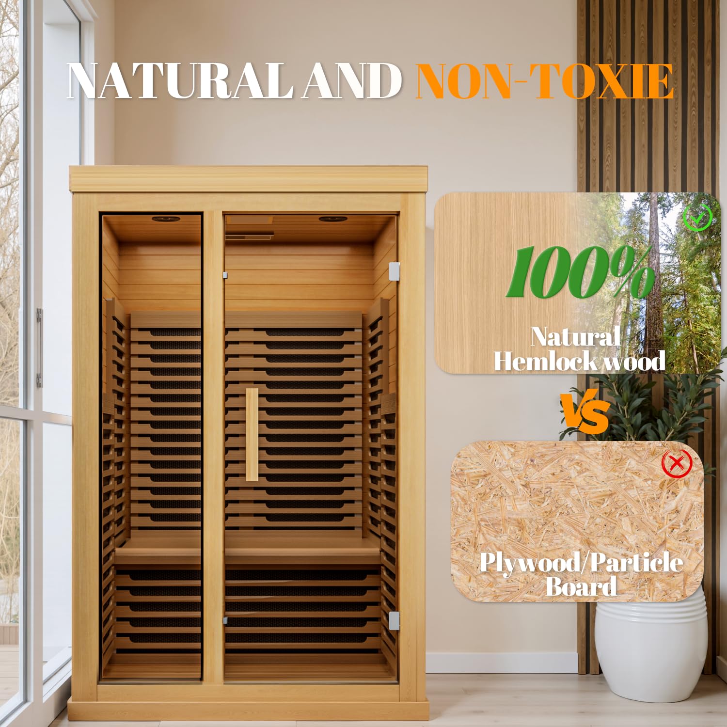 Far Infrared Wooden Sauna Low EMF- 2 Person Personal Sauna for Home Use, Full Spectrum Infrared Sauna, Dual Tempered Glass & Bluetooth Speakers - Indoor Sauna 2000W, Wood Color