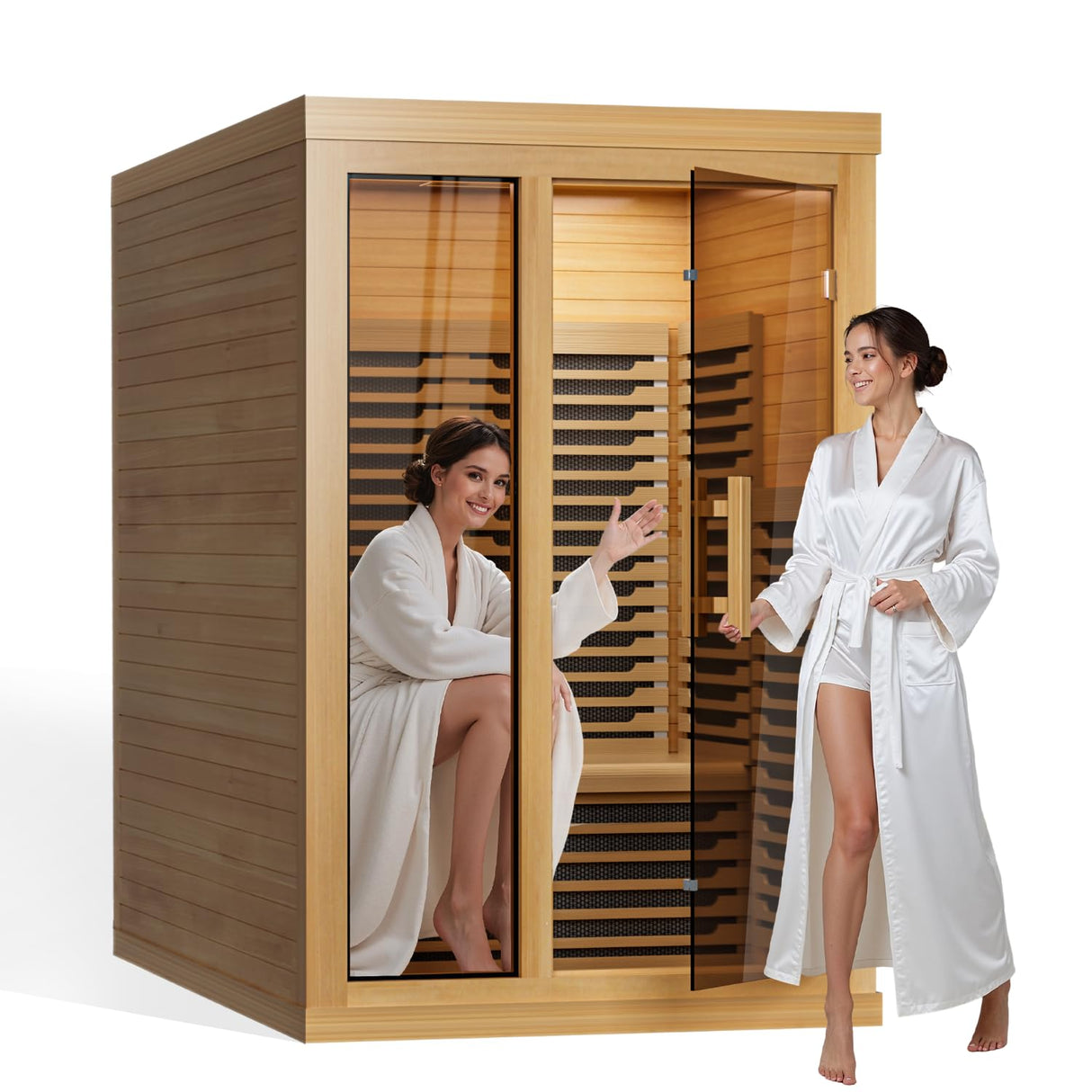 Far Infrared Wooden Sauna Low EMF- 2 Person Personal Sauna for Home Use, Full Spectrum Infrared Sauna, Dual Tempered Glass & Bluetooth Speakers - Indoor Sauna 2000W, Wood Color