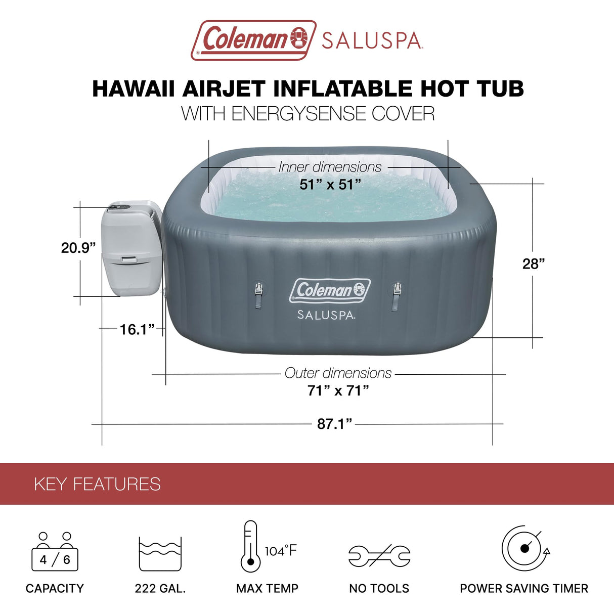 Coleman Hawaii AirJet Large Square 4 to 6 Person Inflatable Hot Tub Portable Outdoor Spa with 140 AirJets and EnergySense Cover, Grey