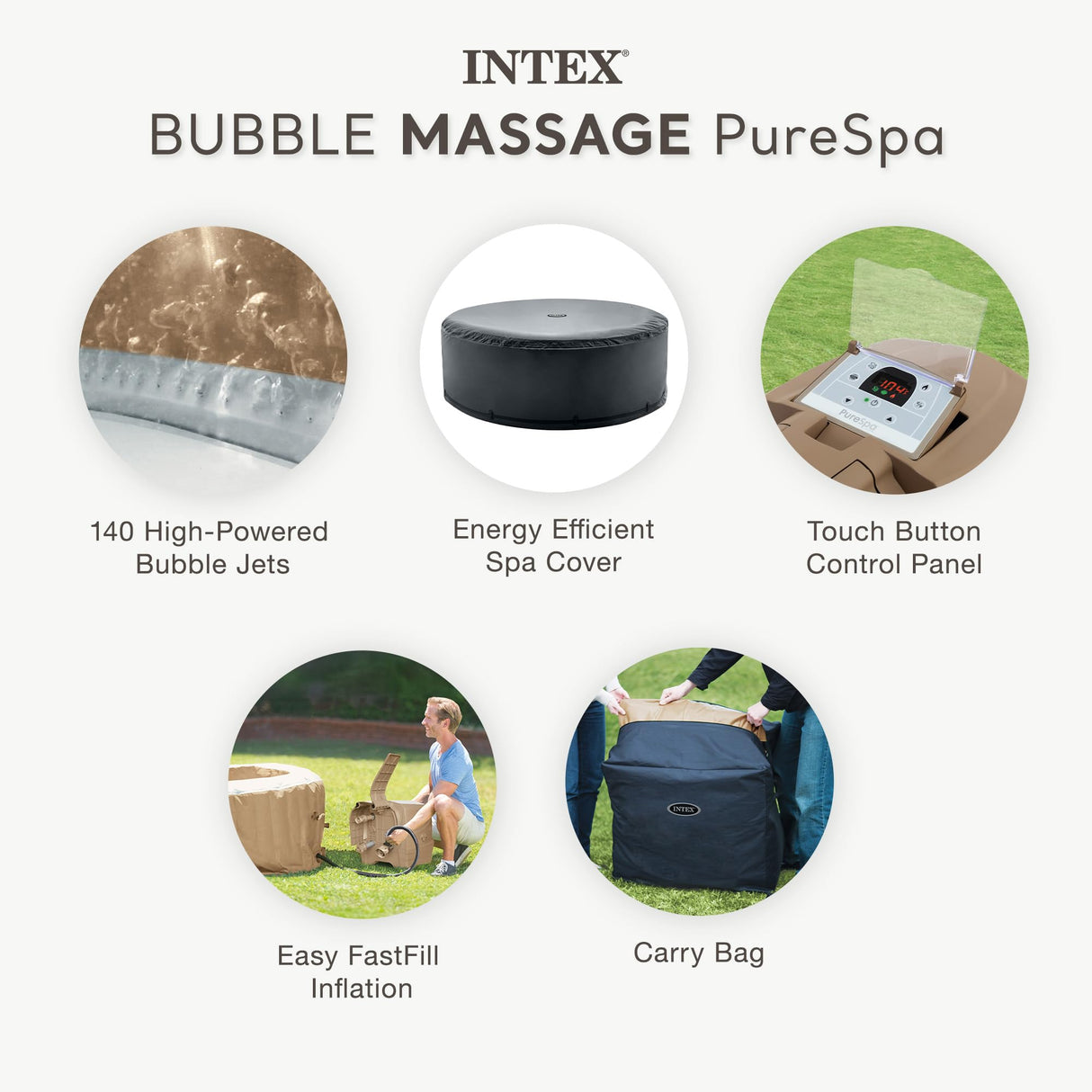 INTEX 28425EH PureSpa Bubble Massage Spa Set Outdoor Inflatable Portable Hot Tub, Includes Energy Efficient Spa Cover, Saltwater System Ready, 4 Person, 77in x 28in