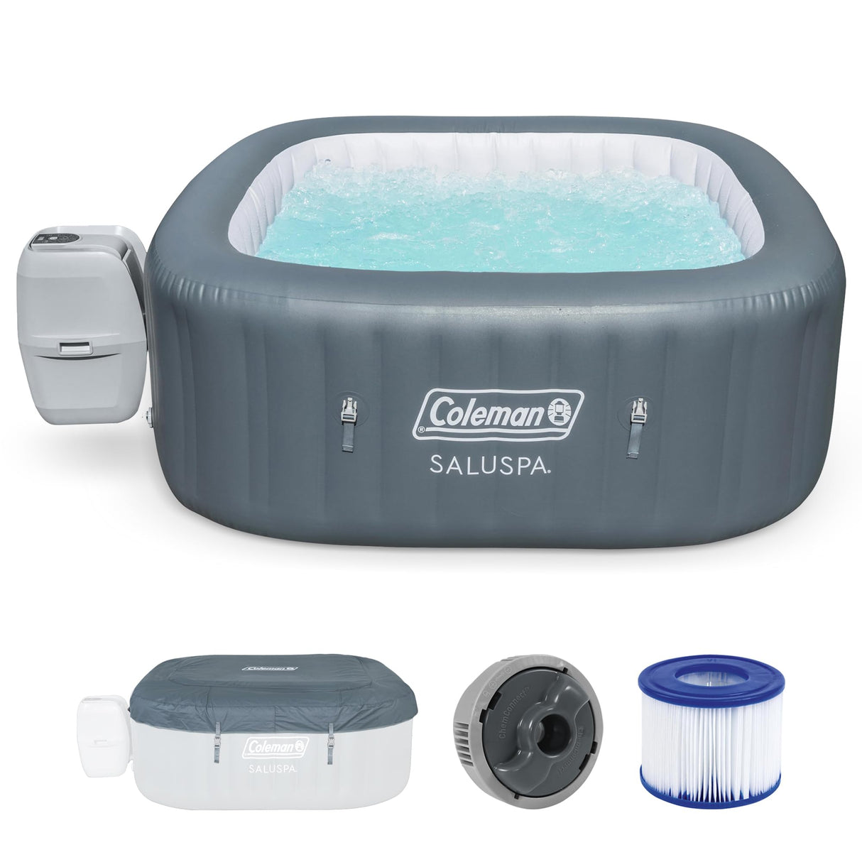 Coleman Hawaii AirJet Large Square 4 to 6 Person Inflatable Hot Tub Portable Outdoor Spa with 140 AirJets and EnergySense Cover, Grey