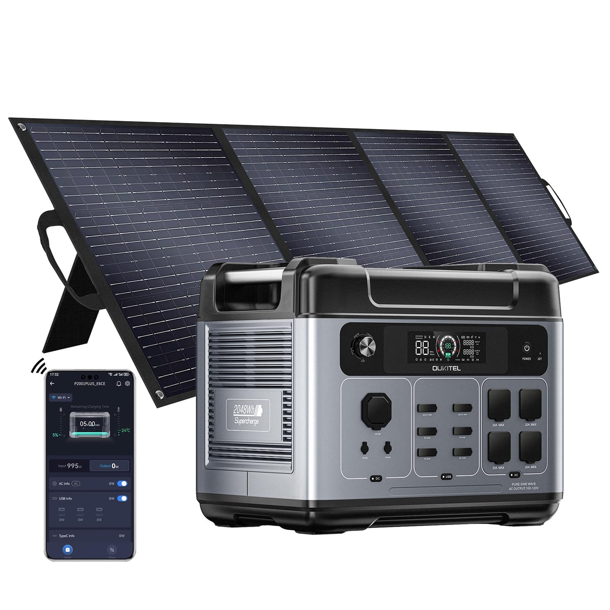OUKITEL P2001 PLUS 2400W Portable Power Station, 2048Wh Large Capacity Solar Generator with 200W Solar Panel,LiFePO4 (LFP) Battery, AC/DC BMS Emergency Power Station for Home Backup, Camping