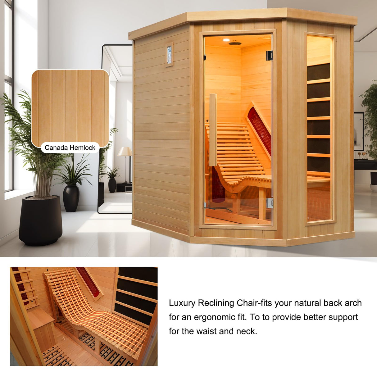 ZONEMEL Infrared 2 Person Wooden Sauna Room with Recliner, Red Cedar Luxury Indoor Sauna with 10 Heating Panels, Oxygen Bar, 3400 Watt, Full Spectrum Infrared Therapy Wood Dry Heat Sauna, 220V