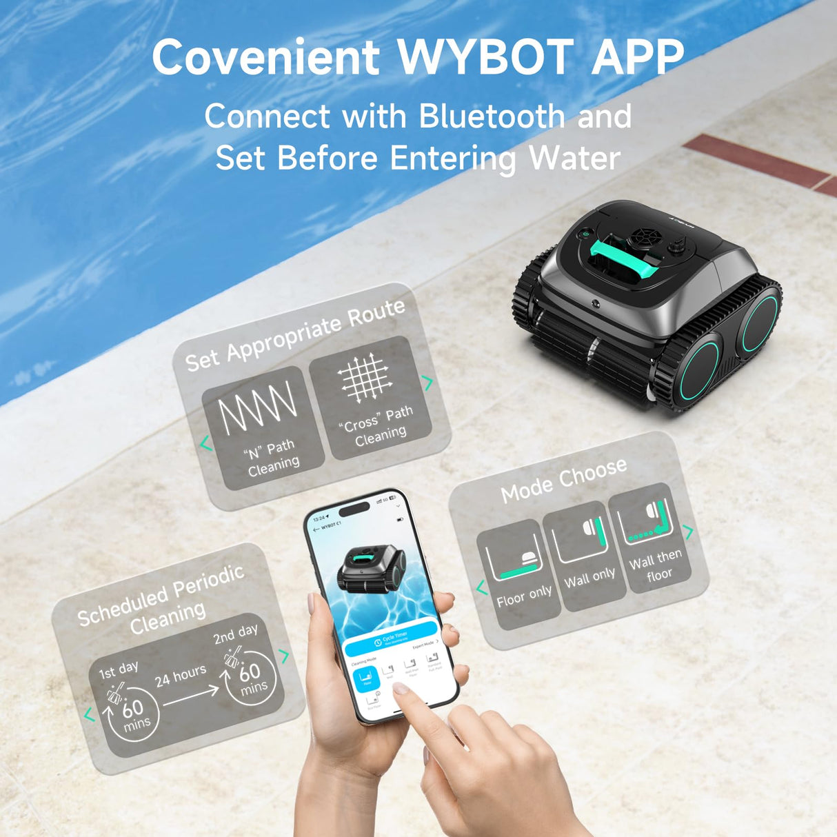 (2025 Upgrade) WYBOT OS7010C - C1 Pool Robot Vacuum, 4-in-1 Cordless Pool Cleaner 150min up to 1,614 Sq,ft, Smart APP Support, Auto Wall & Waterline Cleaning, WiFi & Bluetooth Connect
