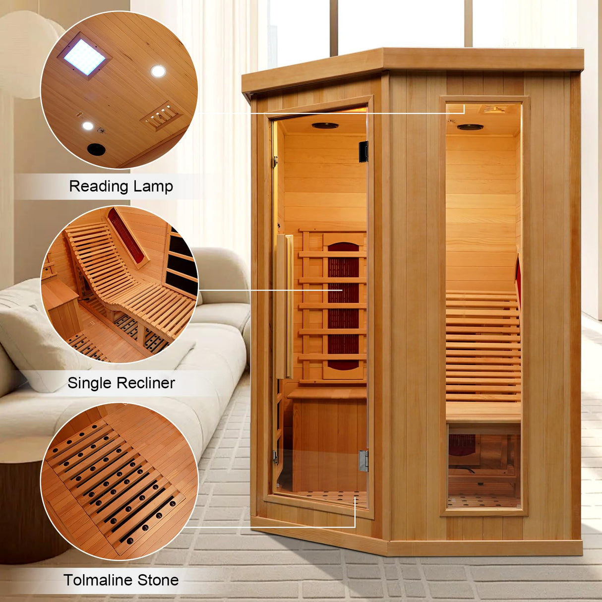 ZONEMEL Infrared 2 Person Wooden Sauna Room with Recliner, Red Cedar Luxury Indoor Sauna with 10 Heating Panels, Oxygen Bar, 3400 Watt, Full Spectrum Infrared Therapy Wood Dry Heat Sauna, 220V