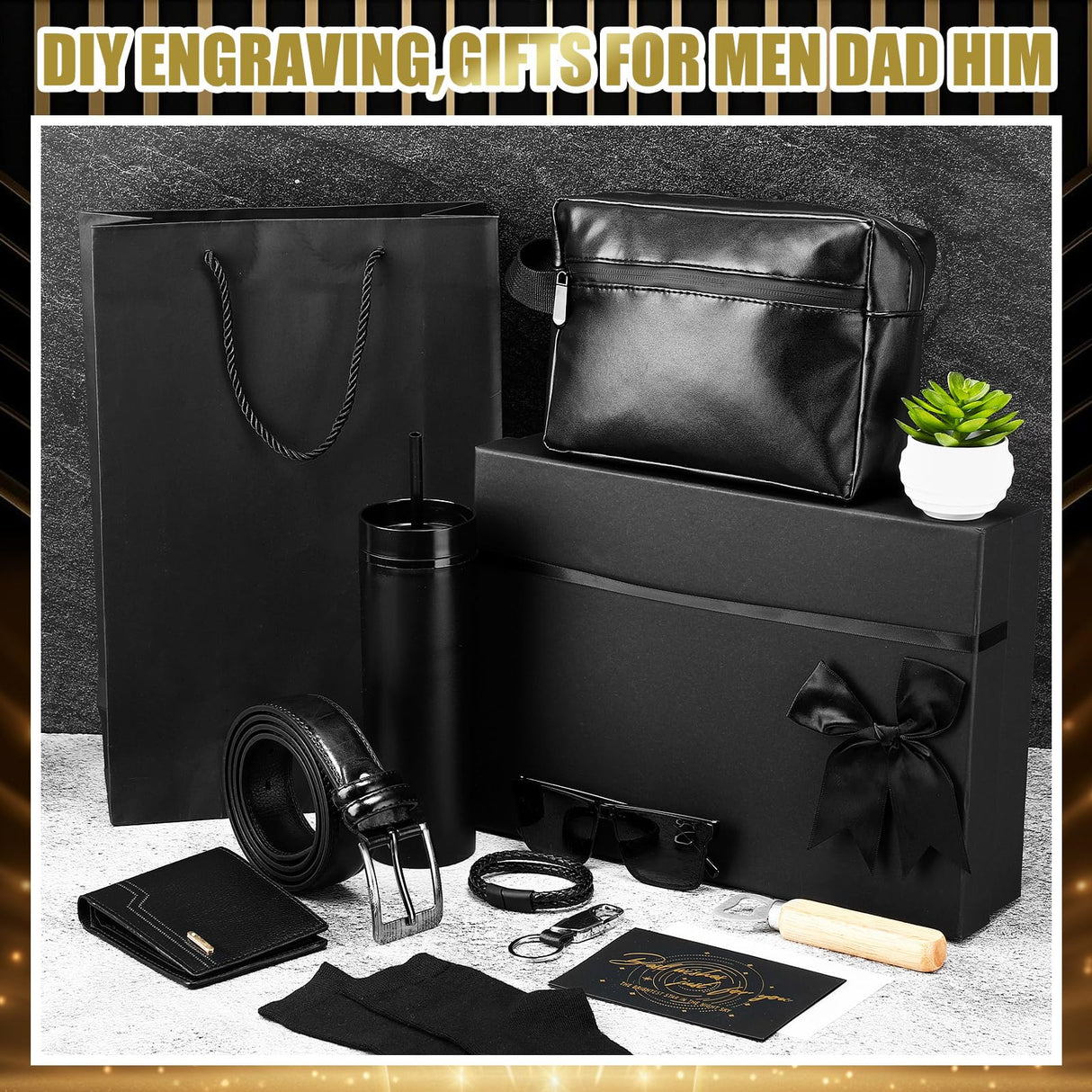 Skylety 13 Pcs Birthday Gifts Baskets for Men Gift for Men Birthday Gift Box 16 oz Tumblers Wallet Toiletry Bag Belt Sock Bottle Opener Bracelet Glasses Keychain for Dad Boyfriend Husband