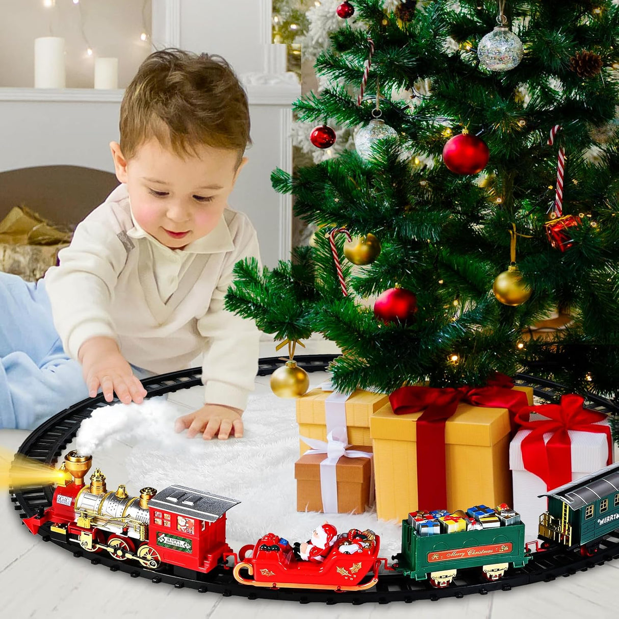 SpringFlower Christmas Train Set, Train Under Christmas Tree, Electric Train Toy for Boys and Girls, Train Toy with Light Smoke and Sound, Christmas Train Gifts for 3 4 5 6 7 8+ Year Old Kids