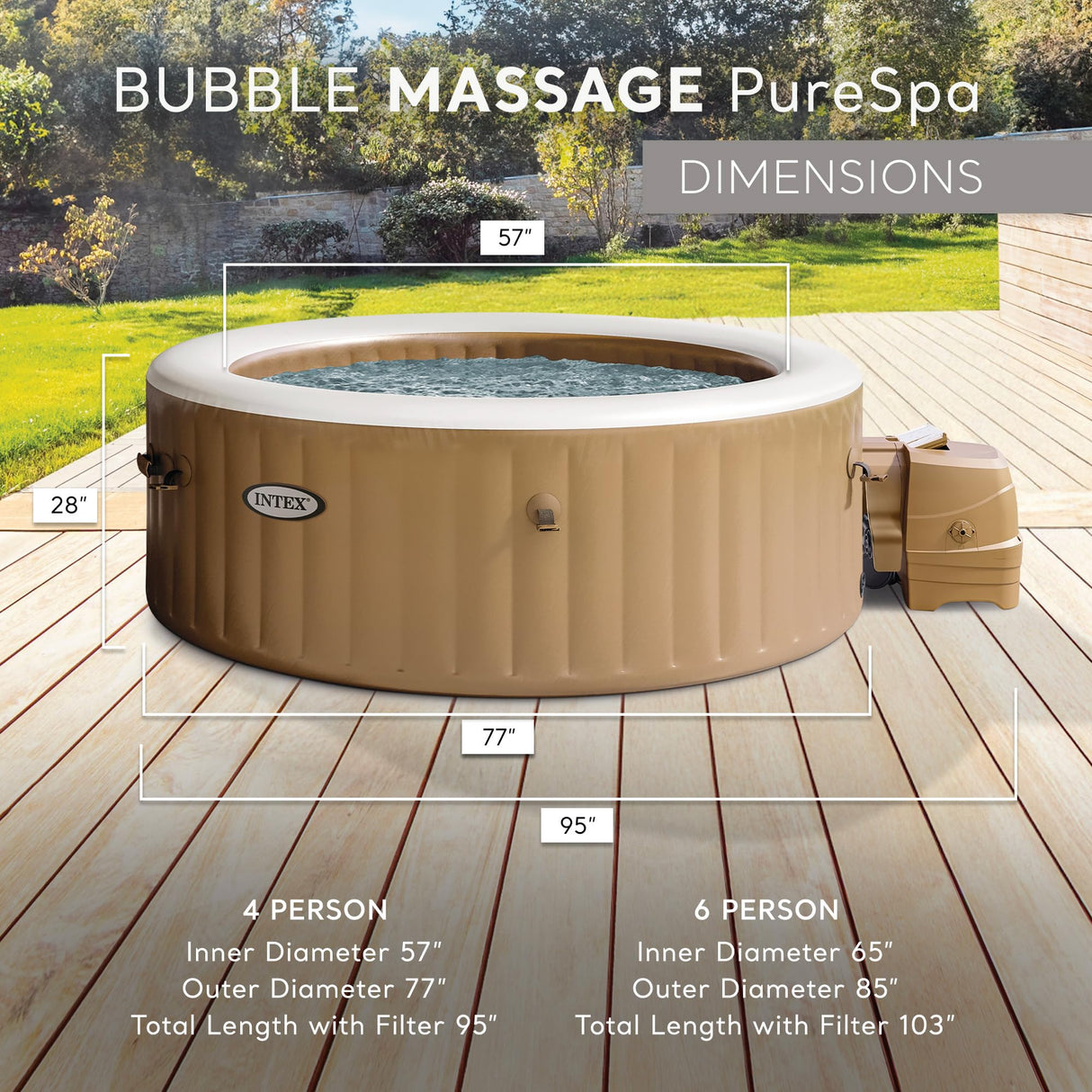 INTEX 28425EH PureSpa Bubble Massage Spa Set Outdoor Inflatable Portable Hot Tub, Includes Energy Efficient Spa Cover, Saltwater System Ready, 4 Person, 77in x 28in