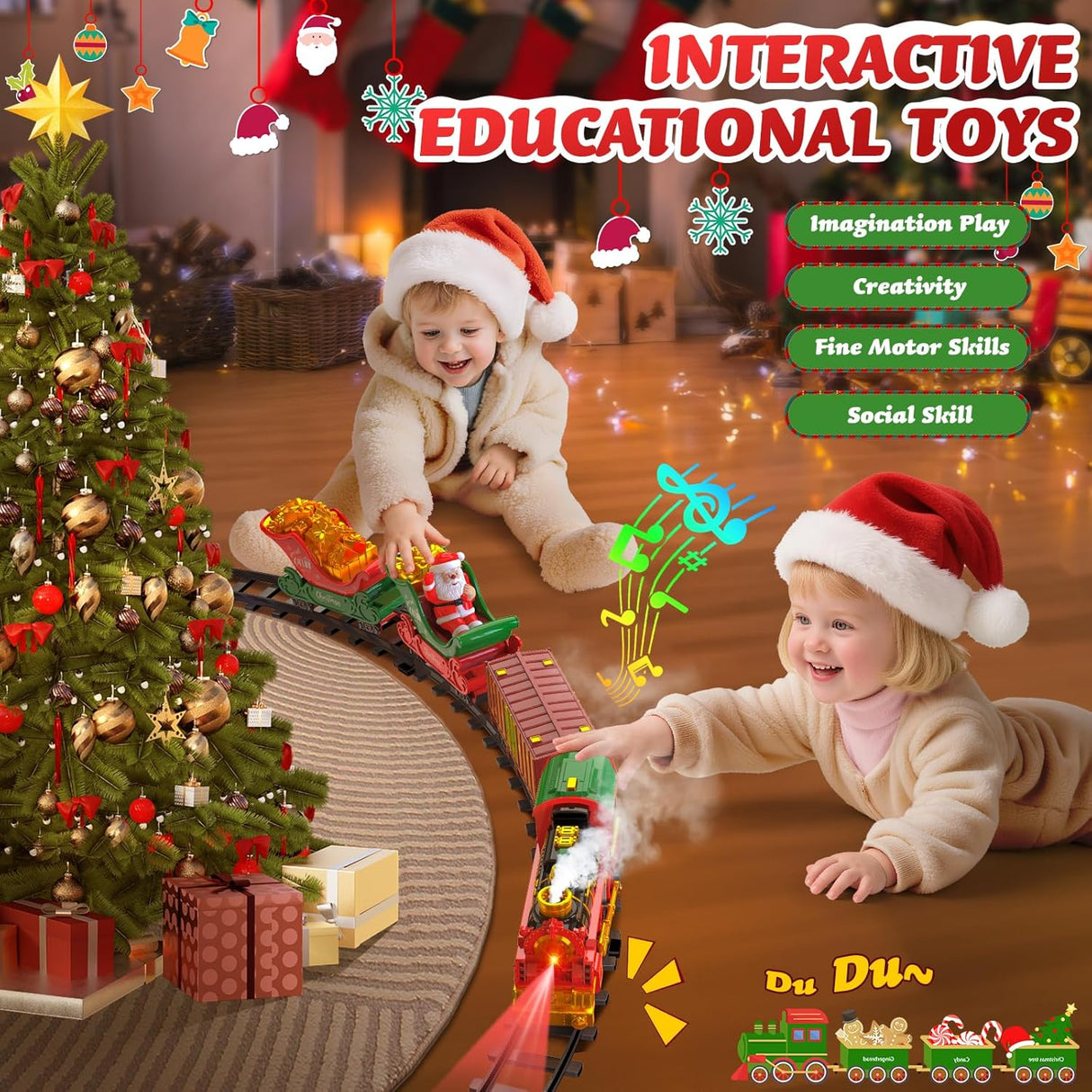 Hanging Christmas Train Set with Light/Smoke/Sound/Music, Toy Train Set Around Under The Christmas Tree, Christmas Toys Gift with Santa Claus, Christmas Tree Train Set for Toddlers Kids 2-4 3-5 4-8
