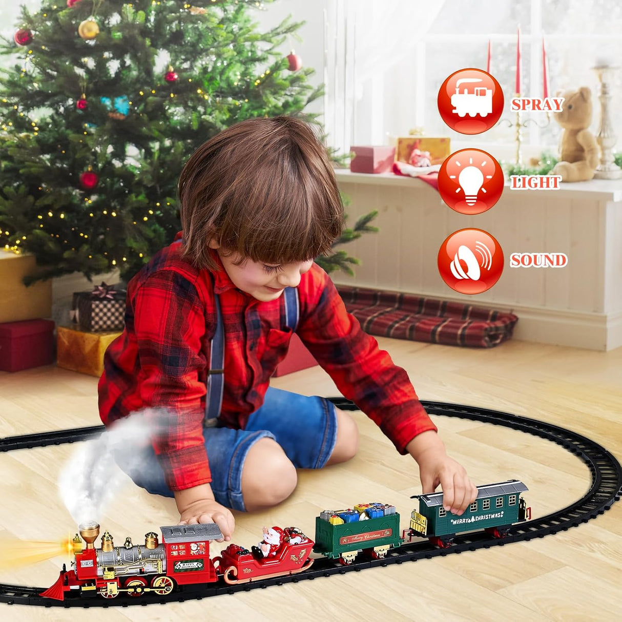 SpringFlower Christmas Train Set, Train Under Christmas Tree, Electric Train Toy for Boys and Girls, Train Toy with Light Smoke and Sound, Christmas Train Gifts for 3 4 5 6 7 8+ Year Old Kids
