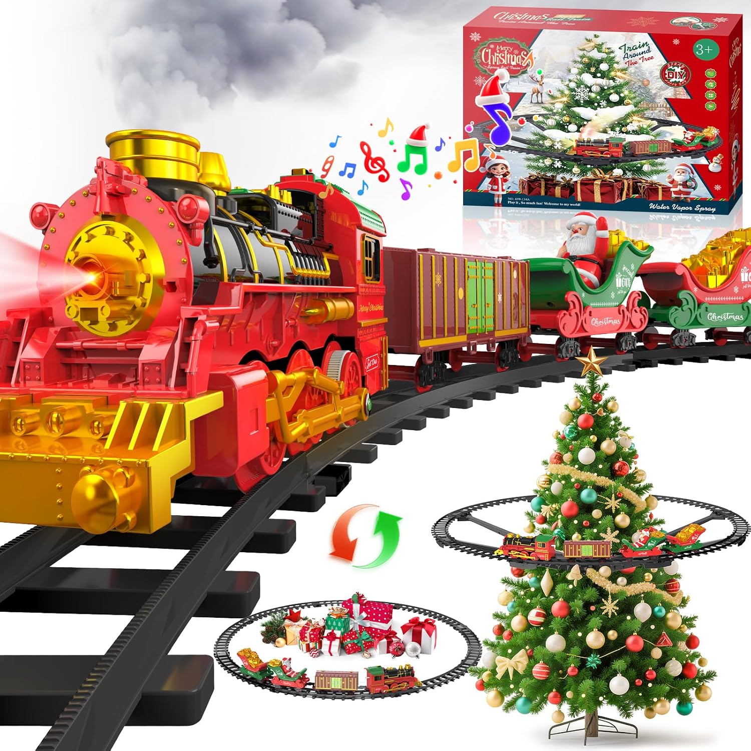 Hanging Christmas Train Set with Light/Smoke/Sound/Music, Toy Train Set Around Under The Christmas Tree, Christmas Toys Gift with Santa Claus, Christmas Tree Train Set for Toddlers Kids 2-4 3-5 4-8