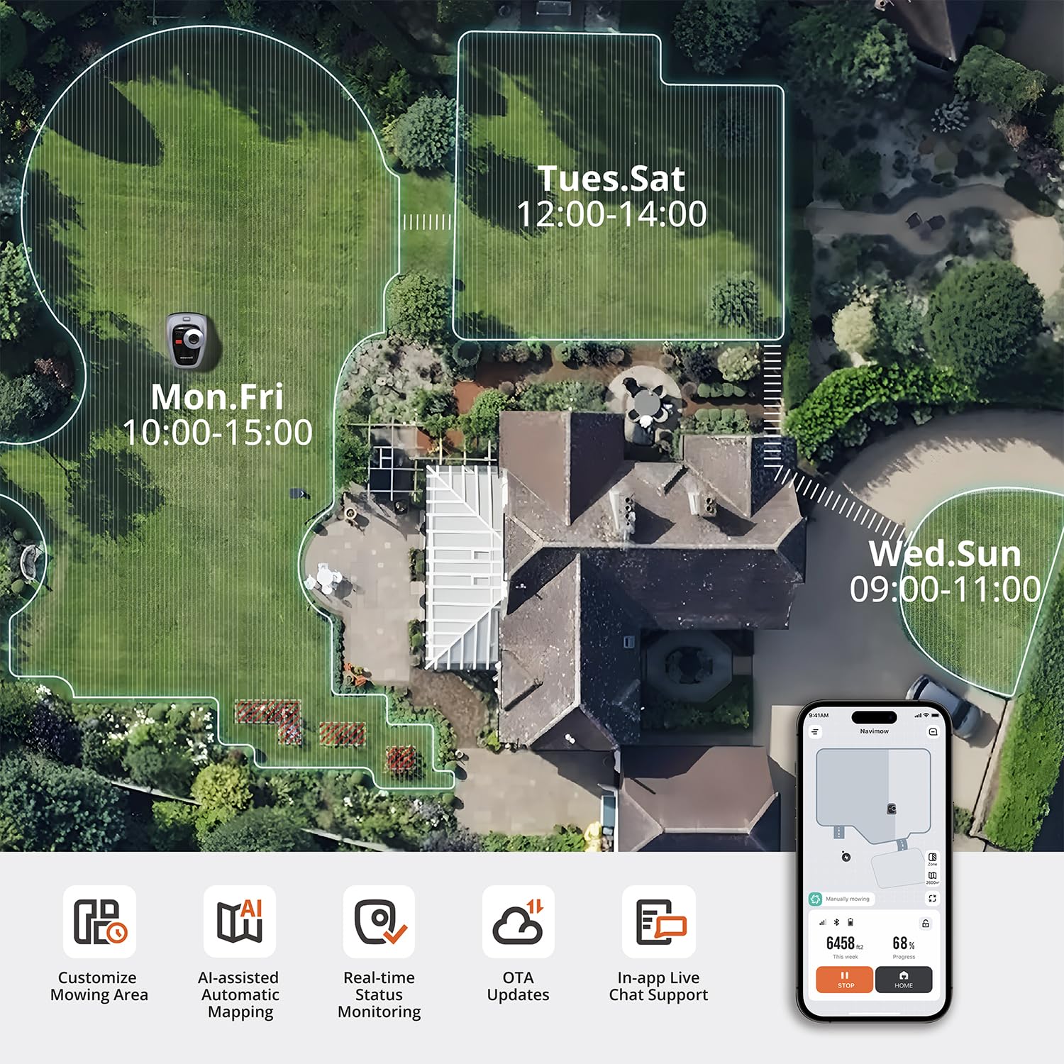 Segway Navimow i110N Robot Lawn Mower Perimeter Wire Free 1/4 Acre RTK+Vision Robotic Lawnmower, AI-Assisted Mapping, Virtual Boundary, APP Control, 58dB(A) Quiet, Multi-Zone Management