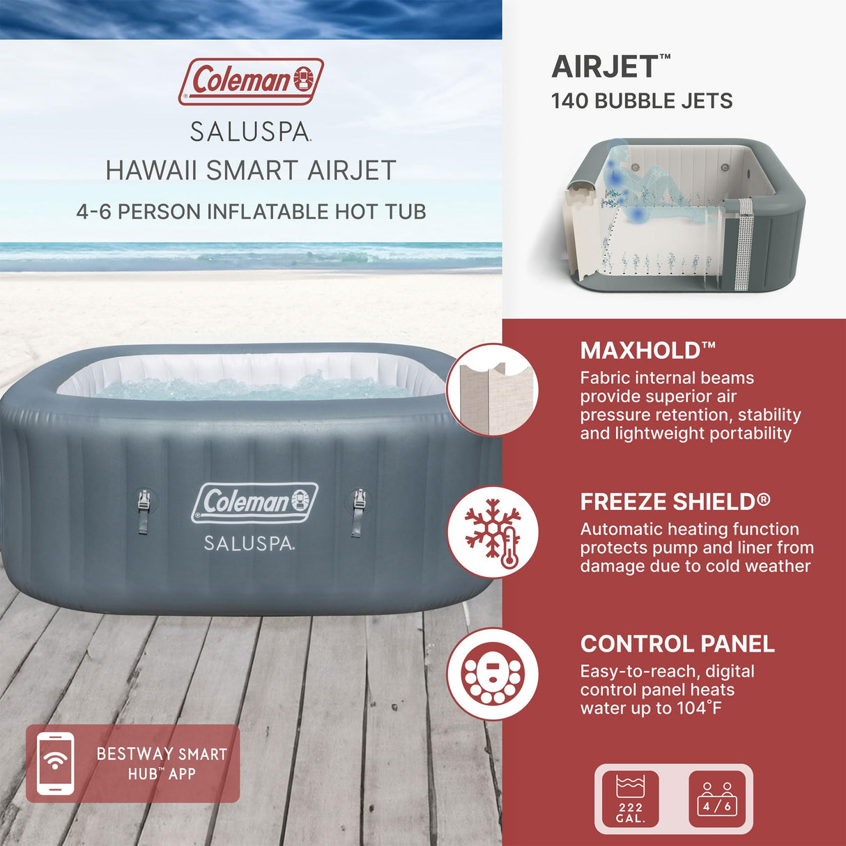 Coleman Hawaii AirJet Large Square 4 to 6 Person Inflatable Hot Tub Portable Outdoor Spa with 140 AirJets and EnergySense Cover, Grey