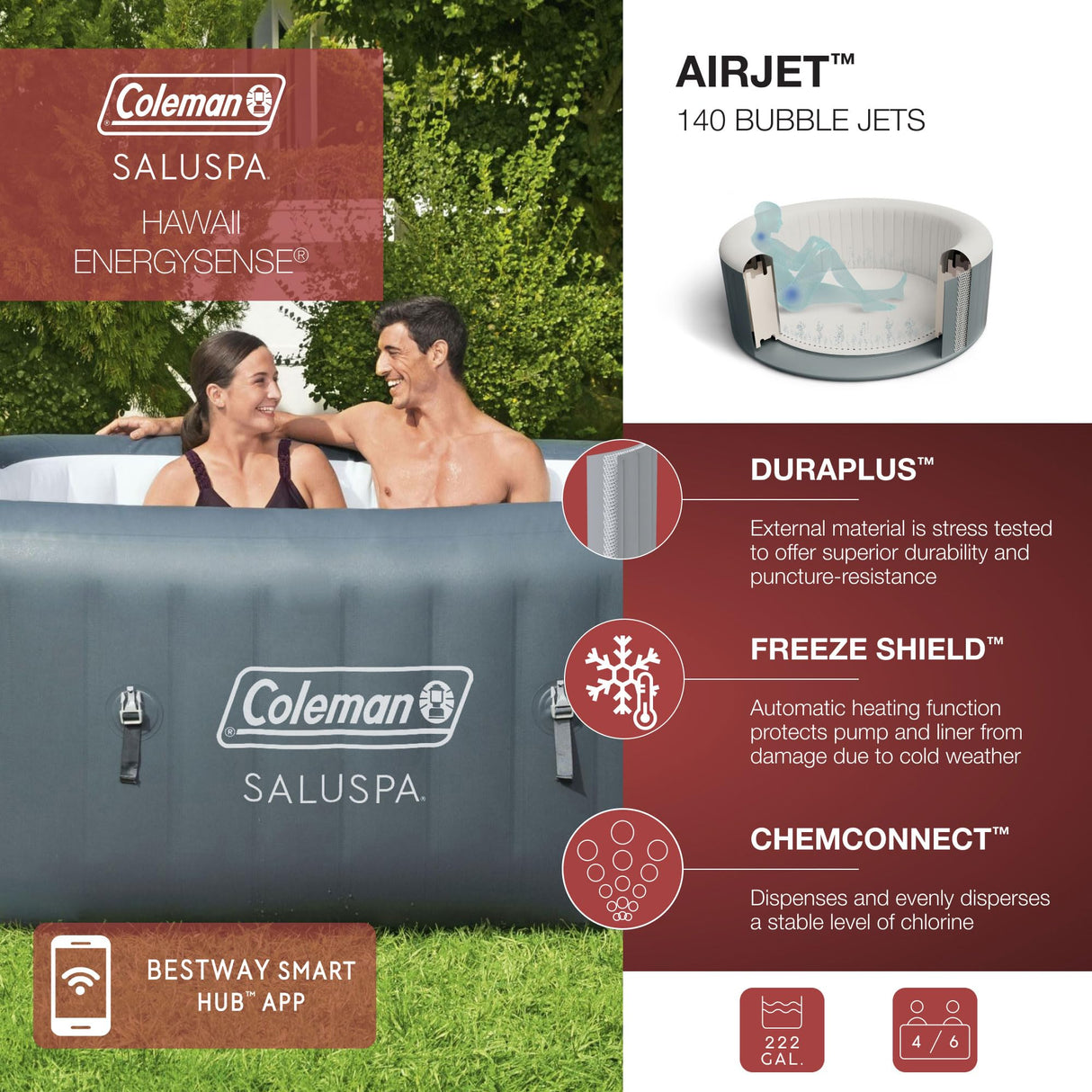 Coleman Hawaii AirJet Large Square 4 to 6 Person Inflatable Hot Tub Portable Outdoor Spa with 140 AirJets and EnergySense Cover, Grey