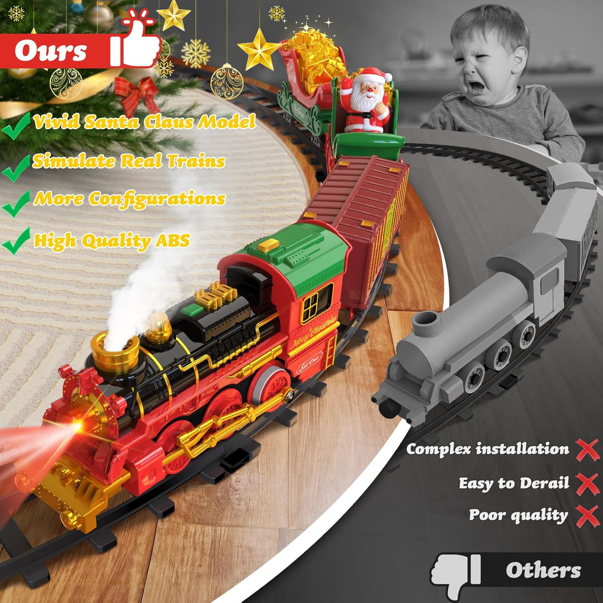 Hanging Christmas Train Set with Light/Smoke/Sound/Music, Toy Train Set Around Under The Christmas Tree, Christmas Toys Gift with Santa Claus, Christmas Tree Train Set for Toddlers Kids 2-4 3-5 4-8