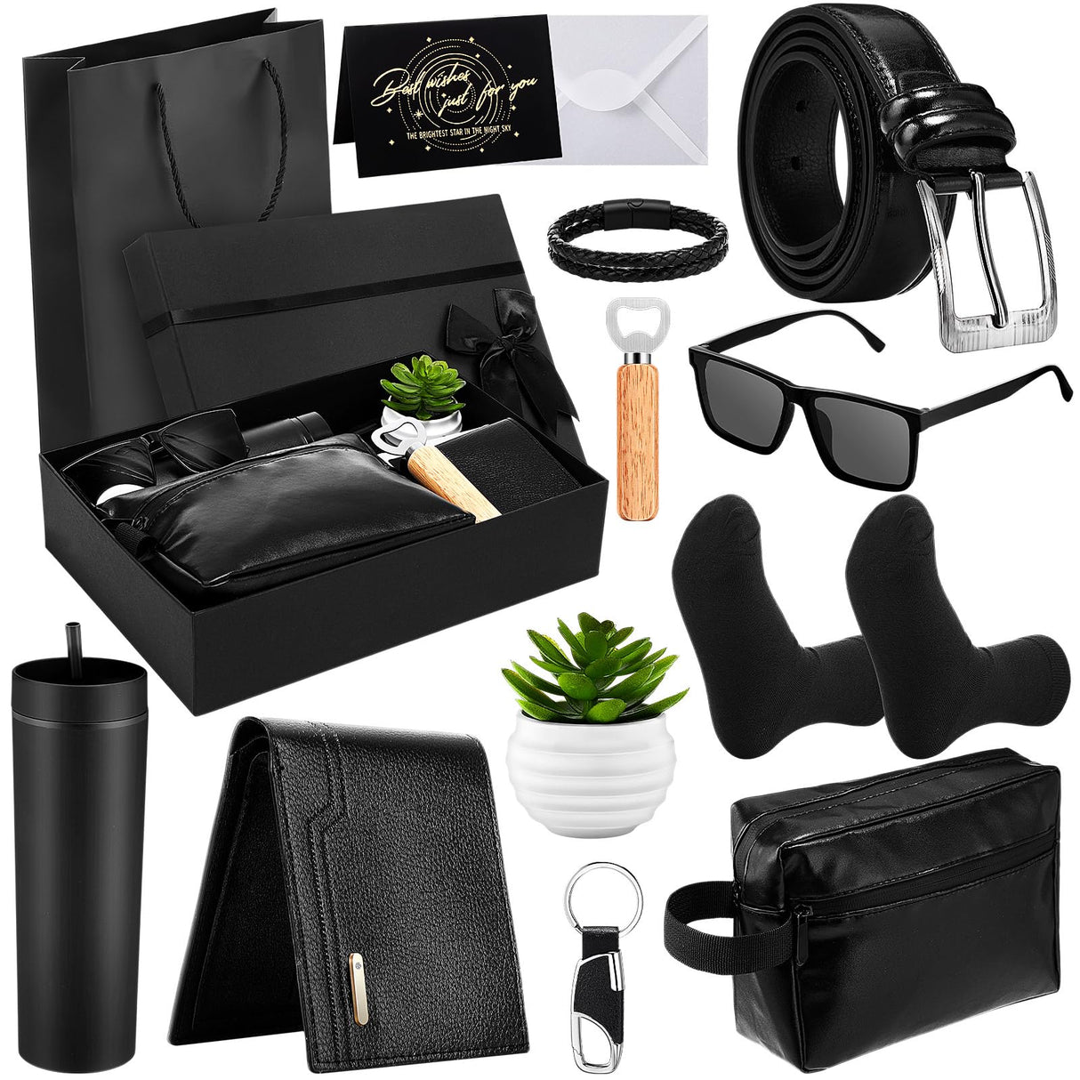Skylety 13 Pcs Birthday Gifts Baskets for Men Gift for Men Birthday Gift Box 16 oz Tumblers Wallet Toiletry Bag Belt Sock Bottle Opener Bracelet Glasses Keychain for Dad Boyfriend Husband