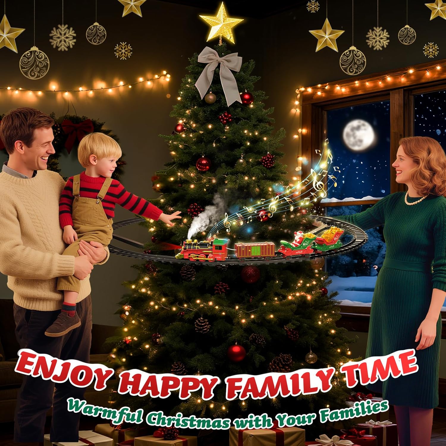 Hanging Christmas Train Set with Light/Smoke/Sound/Music, Toy Train Set Around Under The Christmas Tree, Christmas Toys Gift with Santa Claus, Christmas Tree Train Set for Toddlers Kids 2-4 3-5 4-8