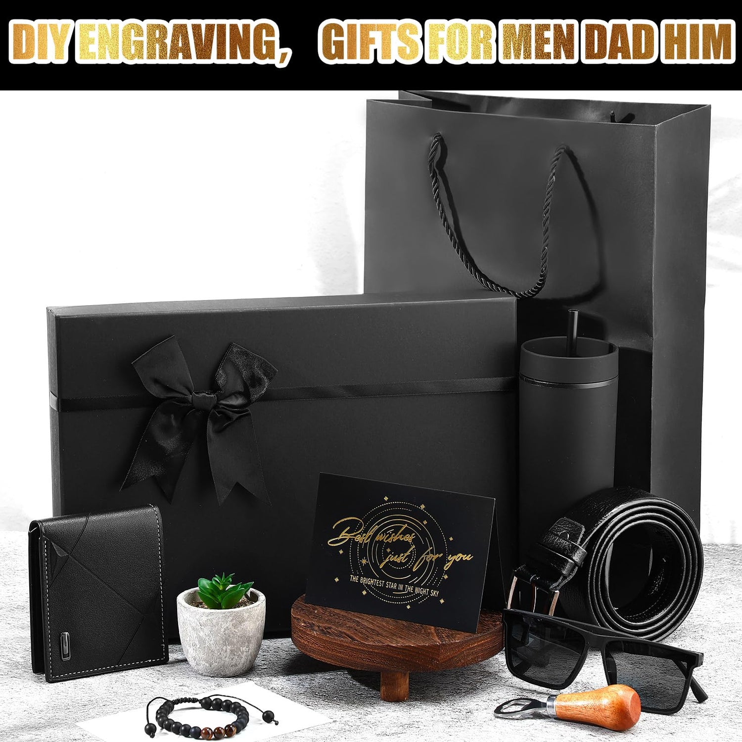 Skylety 13 Pcs Birthday Gifts Baskets for Men Gift for Men Birthday Gift Box 16 oz Tumblers Wallet Toiletry Bag Belt Sock Bottle Opener Bracelet Glasses Keychain for Dad Boyfriend Husband